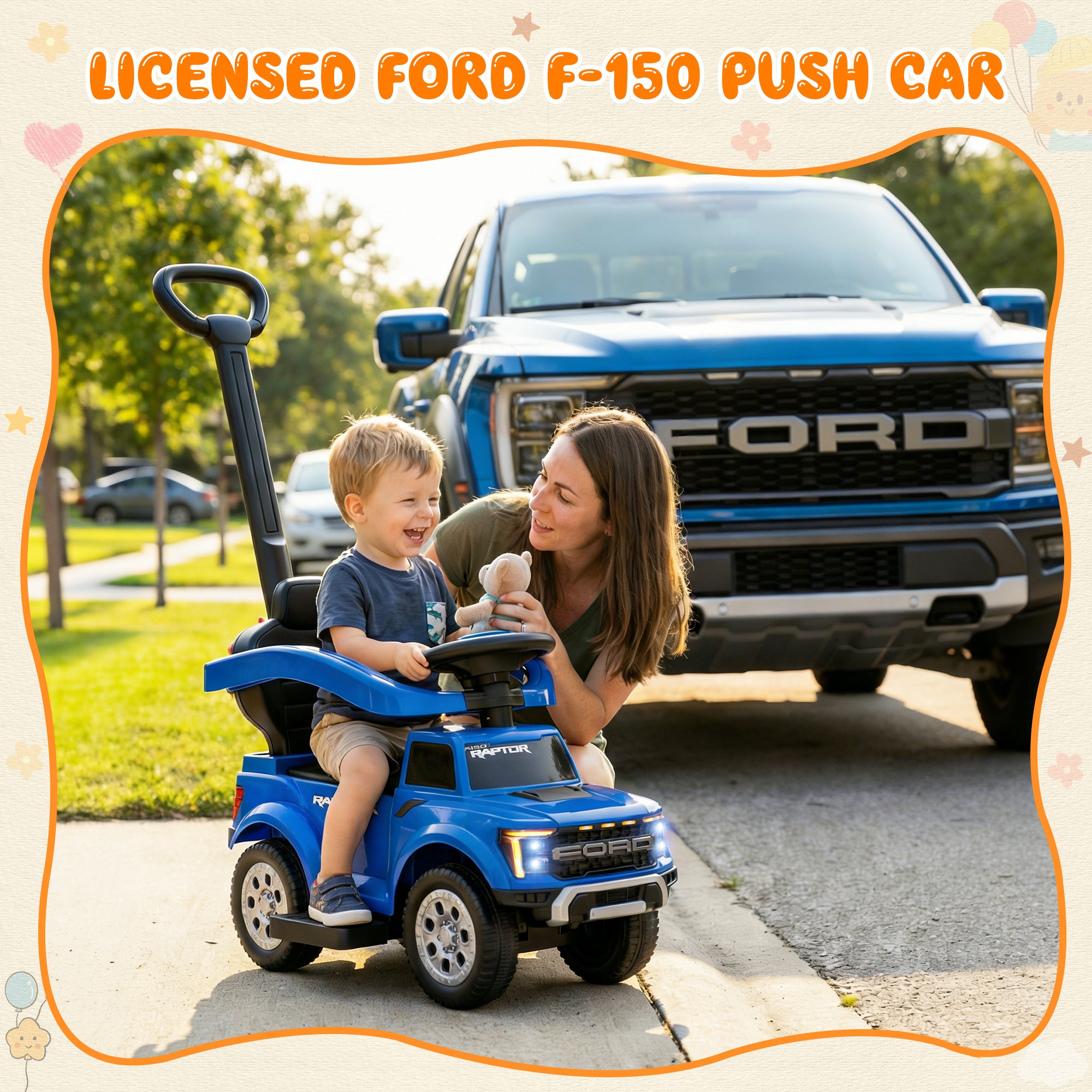 3 In 1 Push Car for Toddlers, Licensed Ford F-150 Ride On Push Car with Removable Parents Handle, Guardrails, Horn, LED Light, Kids Ride On Toy for Ages 18-36 Months, Black