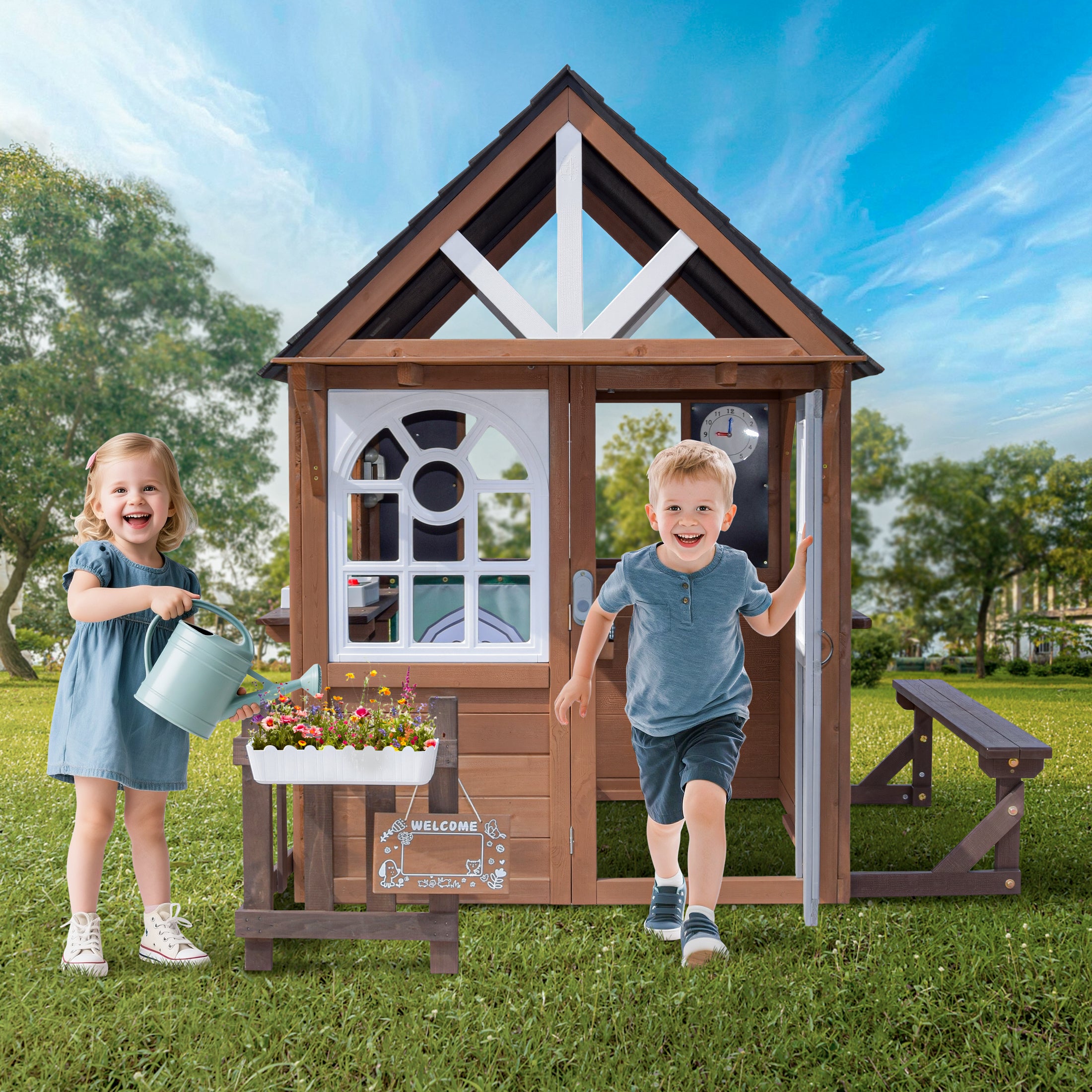COCLUB Outdoor Playhouse, Wooden Playhouse for Kids Toddlers Outdoor with Bench/Fence/Kitchen/Door Nameplate/Pretend Phone, Girls Boys Outdoor Toy Gift for Ages 3+, 62.99"(W)* 67.32"(L) * 65.35"(H)