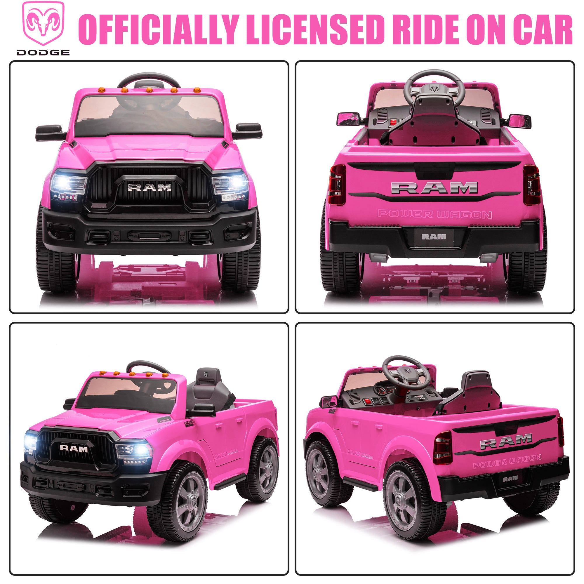 Dodge RAM Ride on Car, 12V Powered Ride on Toy with Remote Control, Rear Wheel Suspension, 5 Point Safety Belt, MP3 Player, Bluetooth, LED Lights, Electric Vehicles for 3-8 Years Boys Girls, Black