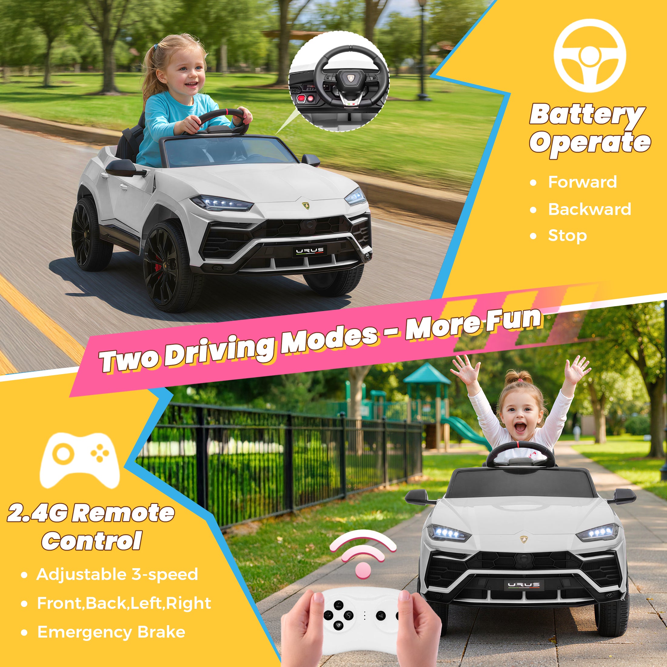 Lamborghini 12V Kids Ride On Car with Remote Control, Battery Powered Electric Car with 4 Wheels, USB, Ride On Toys for 3+ Years Olds Girls Boys, Pink