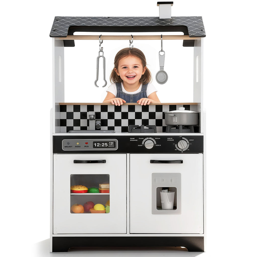 COCLUB 2-in-1 Wooden Play Kitchen & Laundry Center, Kids Kitchen Playset with Realistic Accessories for Pretend Play & Fine Motor Skills, Gift for 3-5 Year Olds