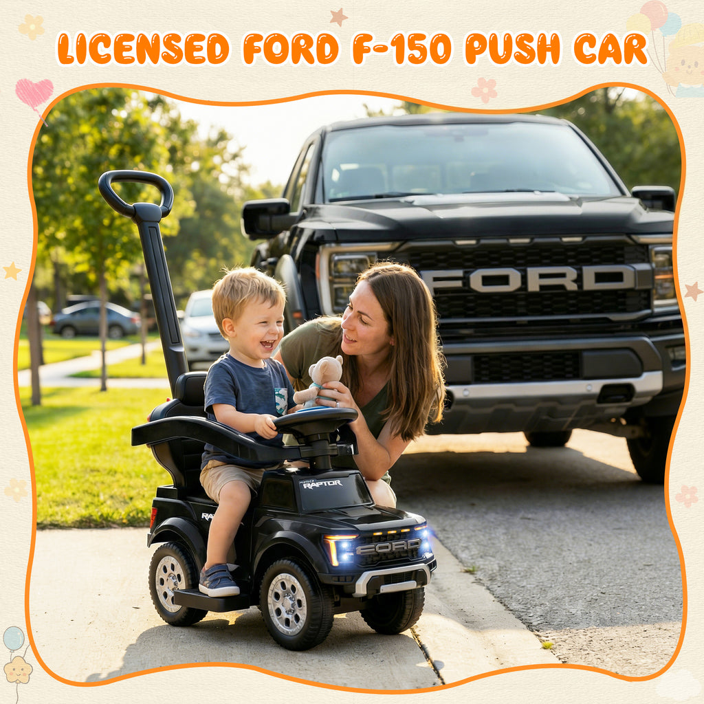 3 In 1 Push Car for Toddlers, Licensed Ford F-150 Ride On Push Car with Removable Parents Handle, Guardrails, Horn, LED Light, Kids Ride On Toy for Ages 18-36 Months, Black