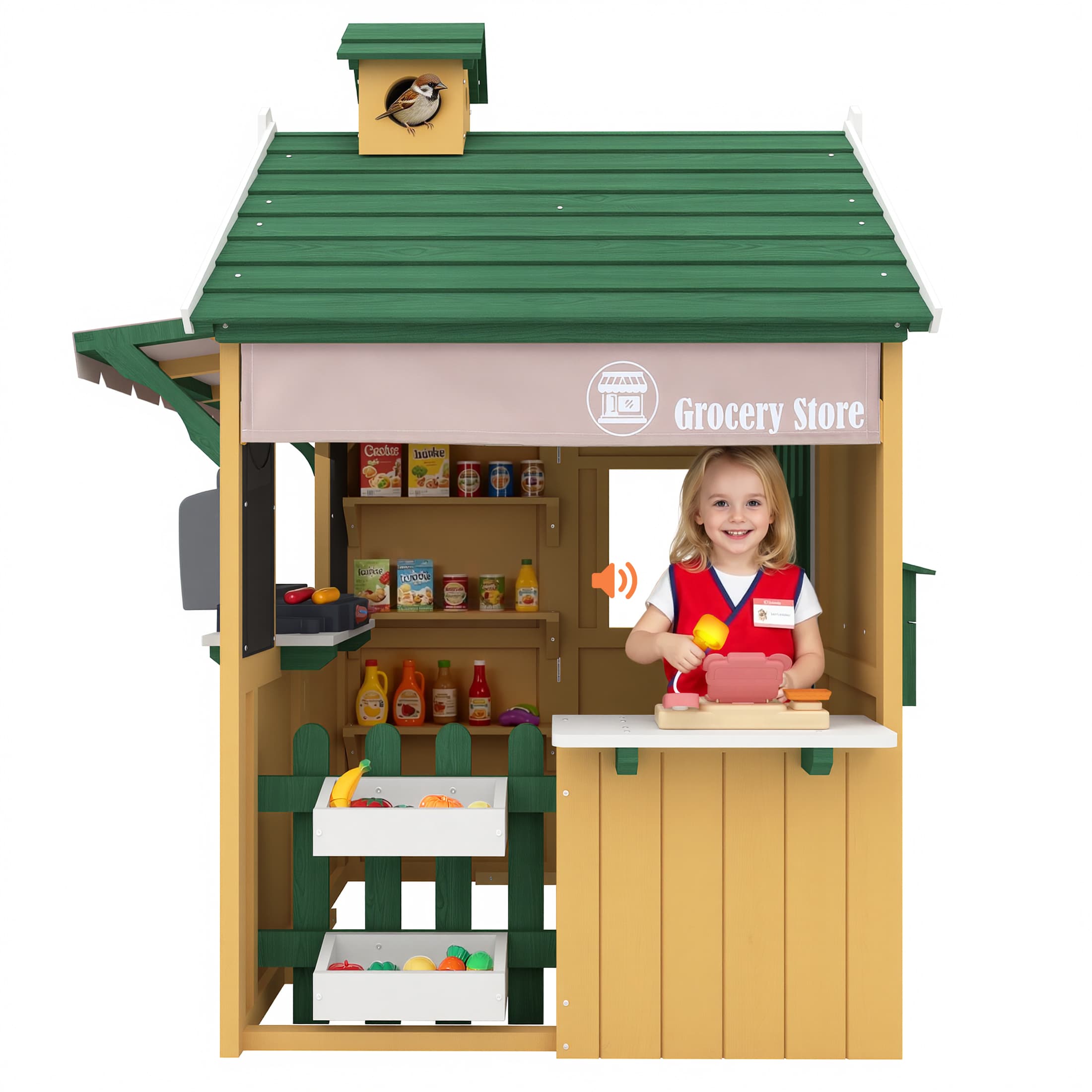 COCLUB Playhouses for Kids Outside, Grocery Store Pretend Play w/ Toy Cash Register and Pretend Food, Wood Casitas Para NiñAs w/Easy Bake Oven, Cooking Toys, Mailbox, Backyard Play House White