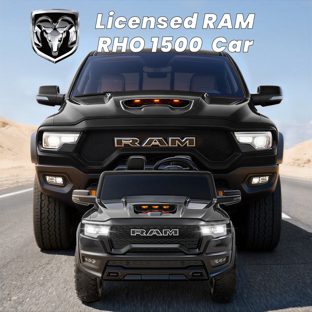 24V 2 Seats Ride On Car for Kids, Licensed RAM RHO 1500 Powered Electric Car with 4 Wheels Spring Suspesion, Ride On Toy for 3-8 Year Boys & Girls with Remote Control, Horm, Siren, LED Lights