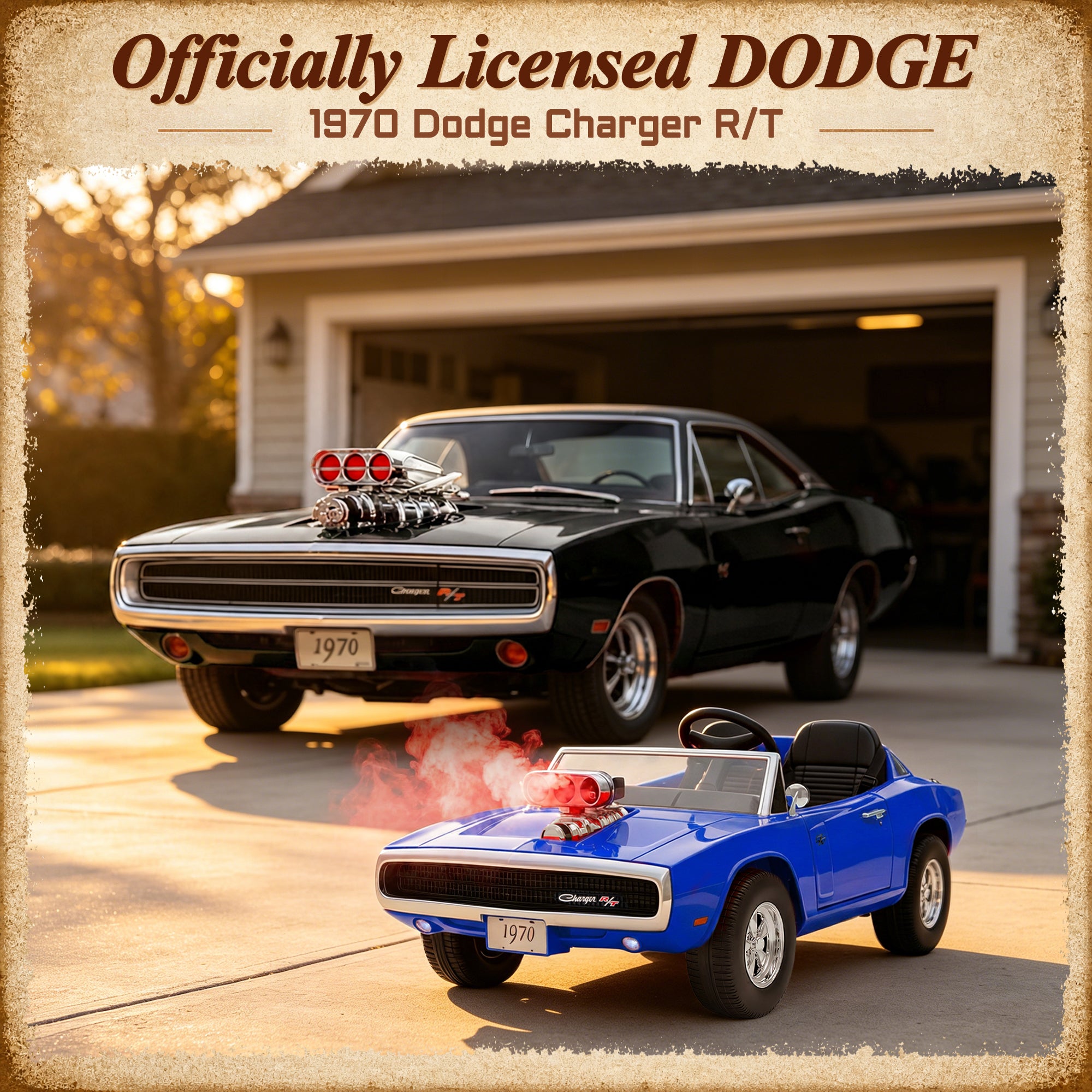 24V Ride On Car for Kids, Licensed Dodge 1970 Charger R/T Electric Car w/Parent Remote Control, Engine Spray, LED Lights, Bluetooth, MP3, 4-Wheel Spring Suspension, Ride On Toys for Ages 3+