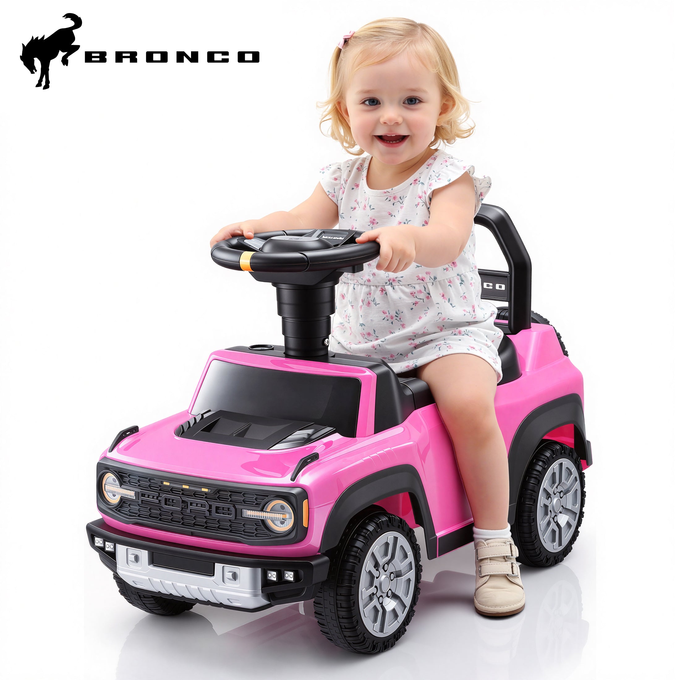 Push Car for Toddlers 1–3, Ford Bronco Ride On Toy with Steering Wheel, Music, Horn & Engine Sounds, LED Lights, Under Seat Storage, Silent Wheels, Easy Push Ride On Car for Boys & Girls, Black
