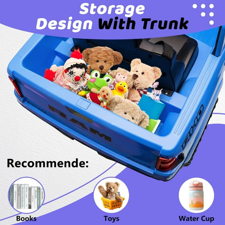 RAM 1500 Ride on Truck Cars, 12V Powered Ride on Toys with Remote Control, 4 Wheel Suspension Electric Cars for 3-5 Yrs Boy Girl W/Key Switch, Safety Belt, Music, Bluetooth, LED Lights, Blue