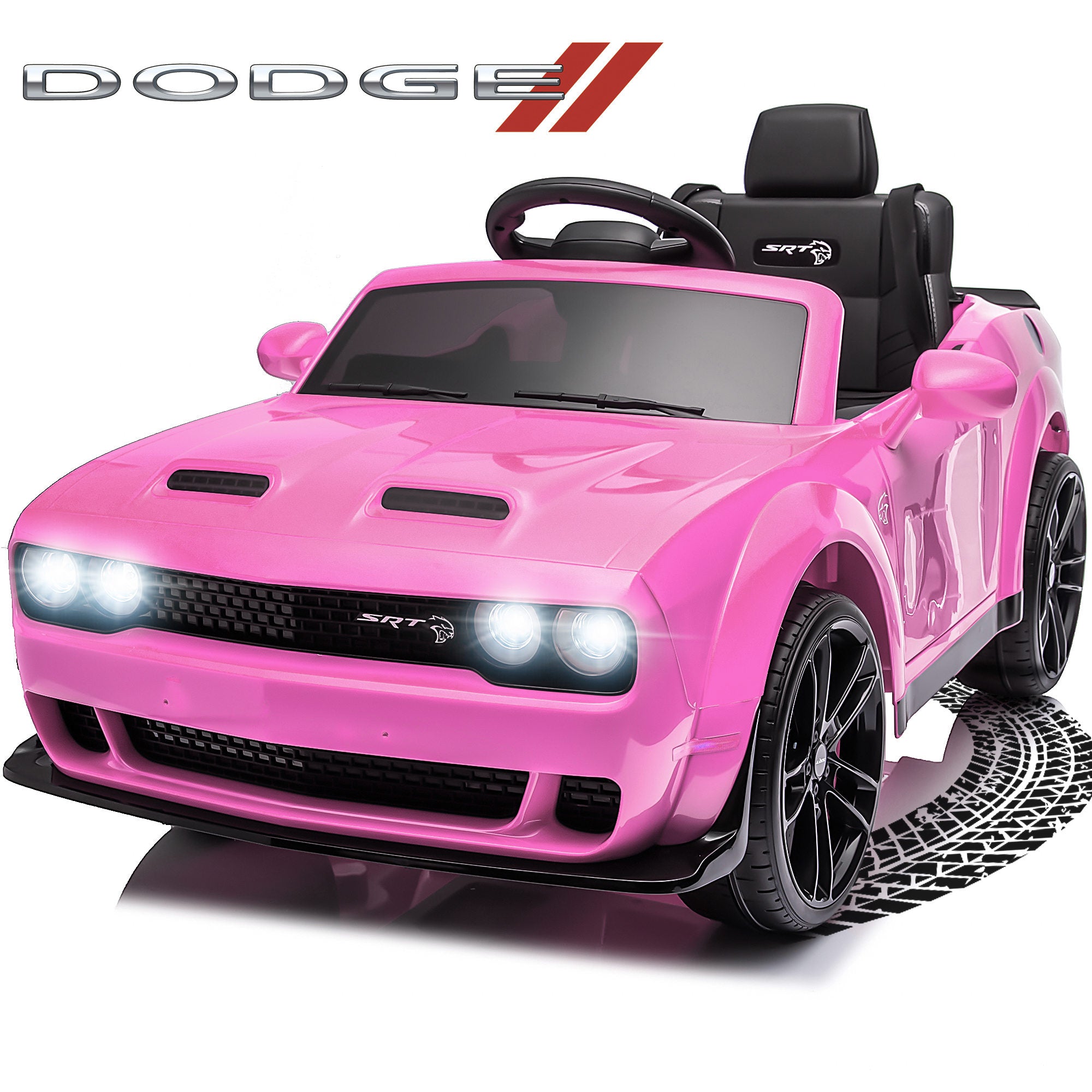 Kids Electric Car, Dodge Challenger SRT Ride on Car, 12V7Ah Battery Powered Electric Vehicle, Kids Hellcat 4-Wheels Ride on Toys with Remote Control, 3 Speeds, LED Headlights, Music Player (Black)