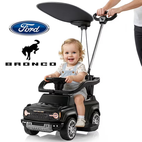 3 in 1 Push Car for Toddlers 1–3, Ford Bronco Ride On Car Toy with Adjustable Parent Steering Handle, Removable Guardrail & Footrest, Canopy, Music, Horn, LED, Under Seat Storage, Silent Wheels