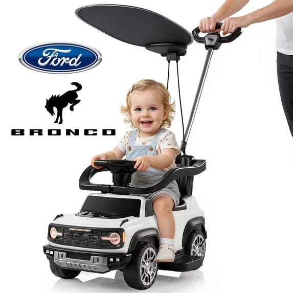 3 in 1 Push Car for Toddlers 1–3, Ford Bronco Ride On Car Toy with Adjustable Parent Steering Handle, Removable Guardrail & Footrest, Canopy, Music, Horn, LED, Under Seat Storage, Silent Wheels