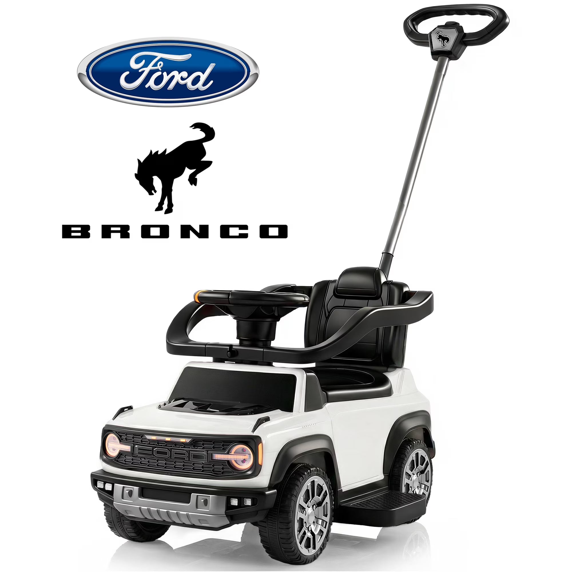 3 in 1 Push Car for Toddlers 1–3, Licensed Ford Bronco Ride On Car with Parent Steering Handle, Steering Wheel, Removable Guardrail & Footrest, Music, Horn, Under Seat Storage, Silent Wheels, Black