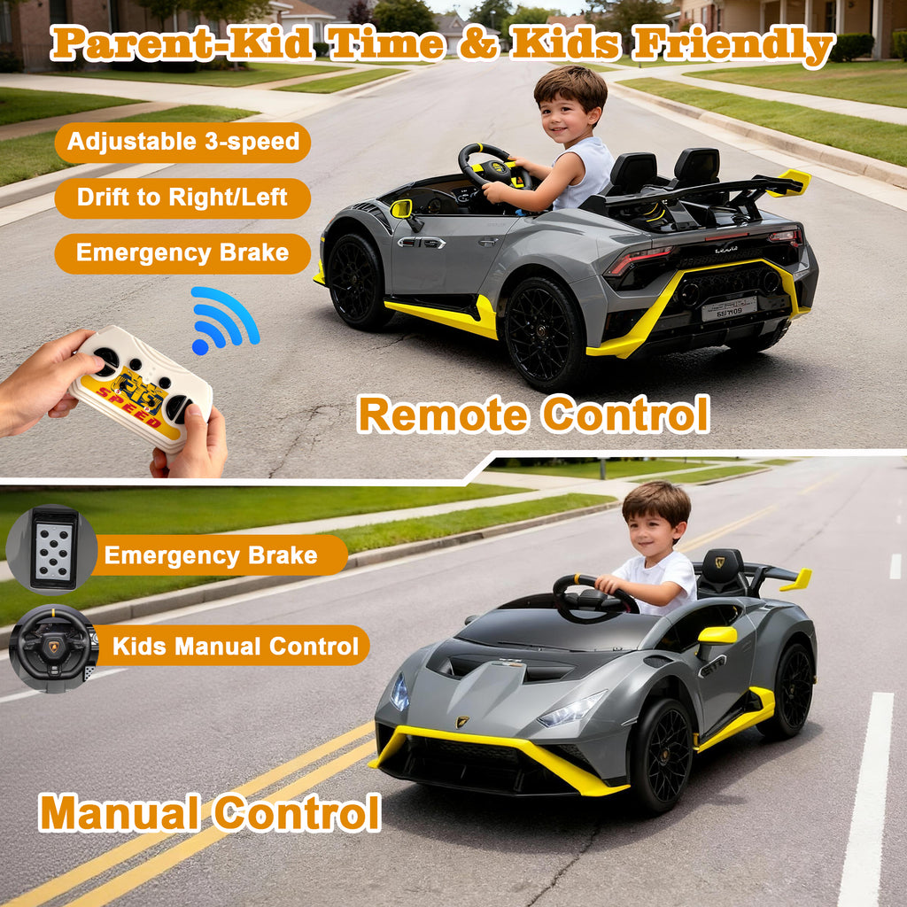 Lamborghini 24V Kids Electric Car, Licensed Huracan Sto Battery Powered Ride On Car with 4 Wheels Spring Suspension for Age 3-8, Remote Control Ride On Toys Speeds 1.86-5.59 MPH, LED Lights