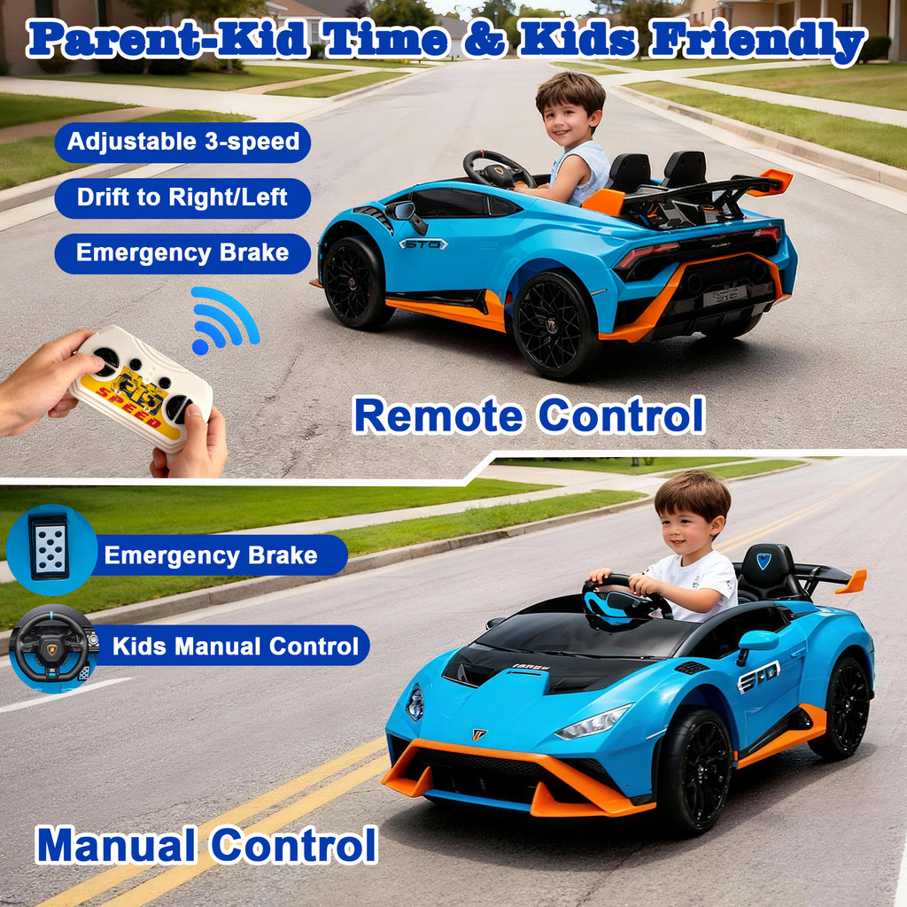 Lamborghini 24V Kids Electric Car, Licensed Huracan Sto Battery Powered Ride On Car with 4 Wheels Spring Suspension for Age 3-8, Remote Control Ride On Toys Speeds 1.86-5.59 MPH, LED Lights