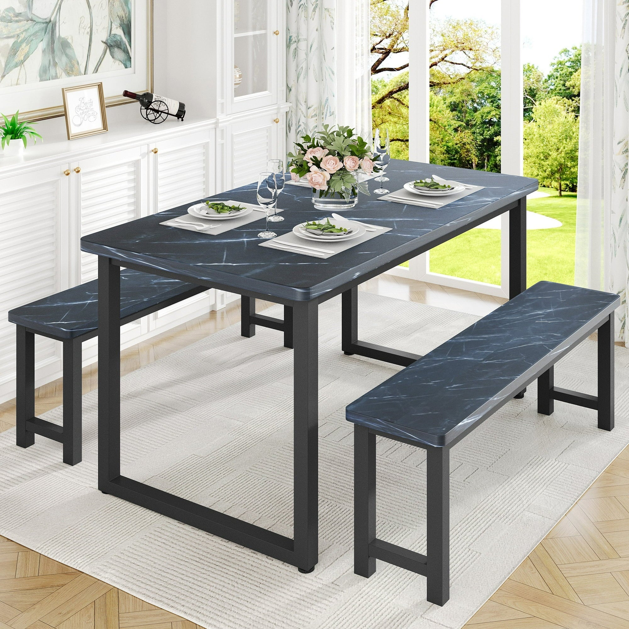 UHOMEPRO Kitchen Table Set with 2 Benches, 3 Piece Dining Room Sets, Modern Faux Wood Look Table Set with MDF Material and Metal Frame, Dining Table Set for Home, Brown