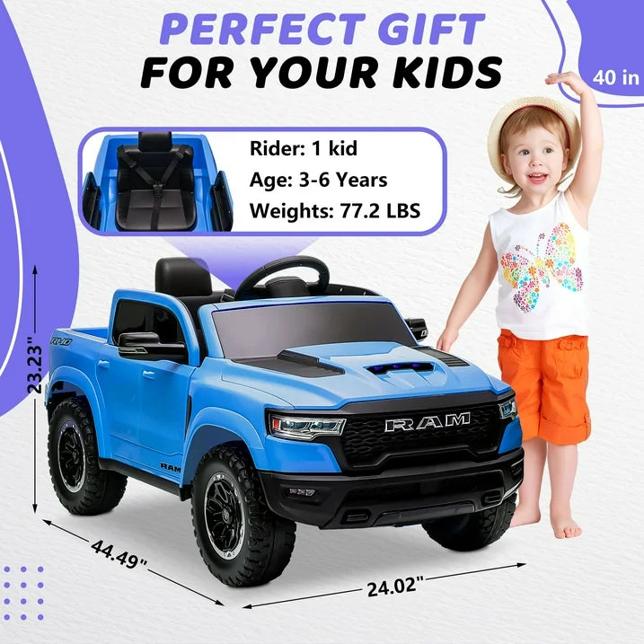 RAM 1500 Ride on Truck Cars, 12V Powered Ride on Toys with Remote Control, 4 Wheel Suspension Electric Cars for 3-5 Yrs Boy Girl W/Key Switch, Safety Belt, Music, Bluetooth, LED Lights, Blue