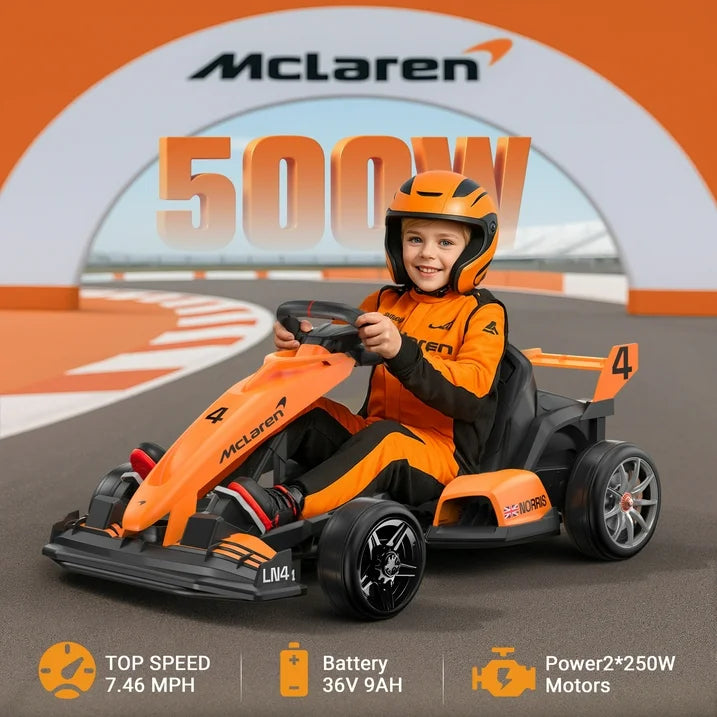 McLaren 36 Kids Electric Go Kart, 36V Powered Drift Racing Ride On Car Toy, 500W Dual Motor, 3-Level Adjustable Seat, Rear-Wheel Drive, 360° Spin Pedal Go Kart for Boys Girls Ages 6+, Orange