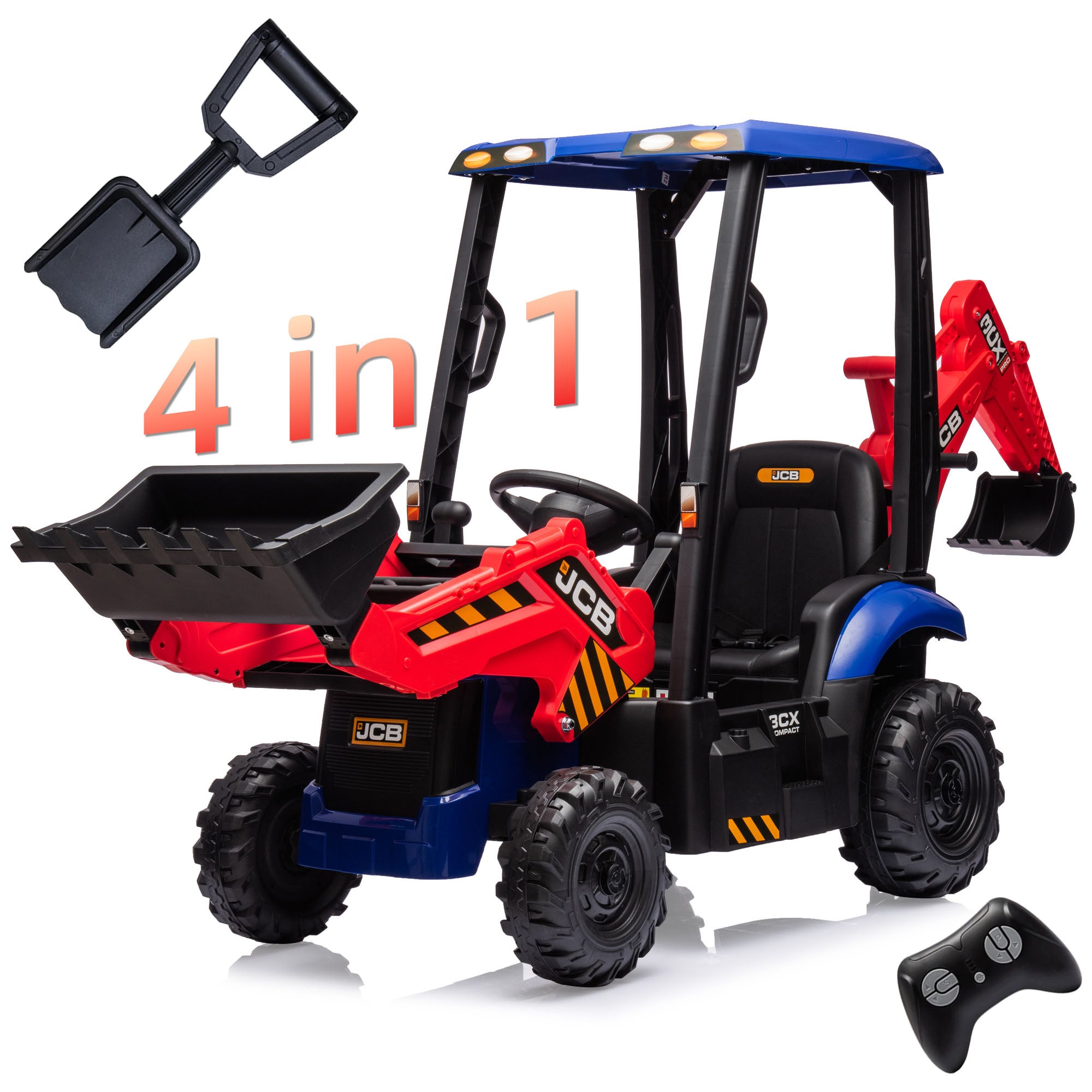 JCB Excavator Ride on & Bulldozer, 12V Battery Powered Construction Vehicles for Kids with Remote Control and Front Loader, Music Player, Backhoe Loader Ride-On Large Digger Yellow