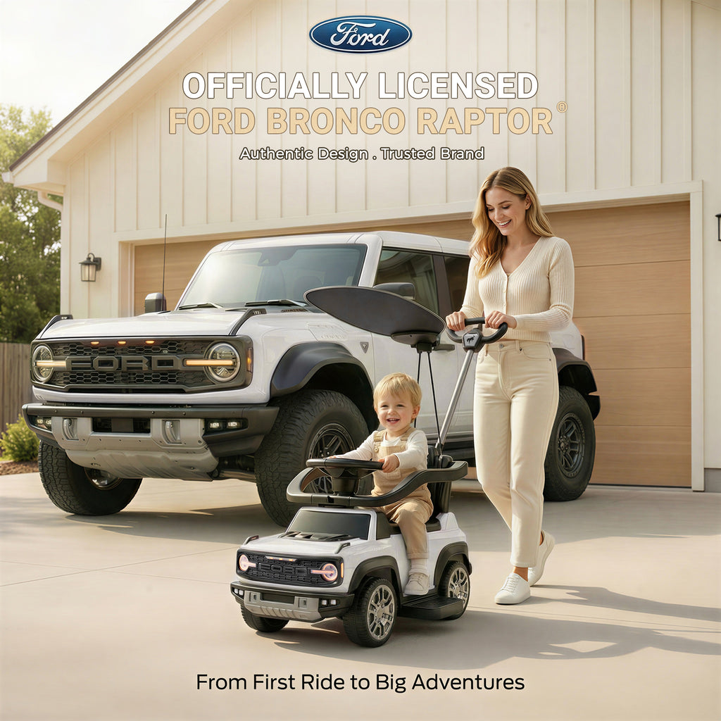 Ford Bronco 3 in 1 Push Car with Canopy for Toddlers 1–3, Ride On Push Car Toy with Adjustable Parent Steering Handle, Removable Guardrail & Footrest, Music, Horn, Under Seat Storage, Silent Wheels