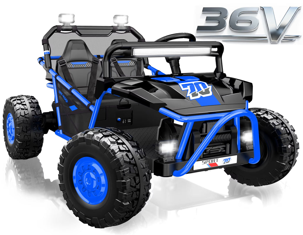36V Electric Ride on Car Toy for Big Kids, 4 Wheels Spring Suspension Cars, 2 Seater Powered Electric  UTV Toys for Boys Girls 6+, Kids Ride on Toy with Bluetooth, Music, 3 Point Seatbelts, Blue