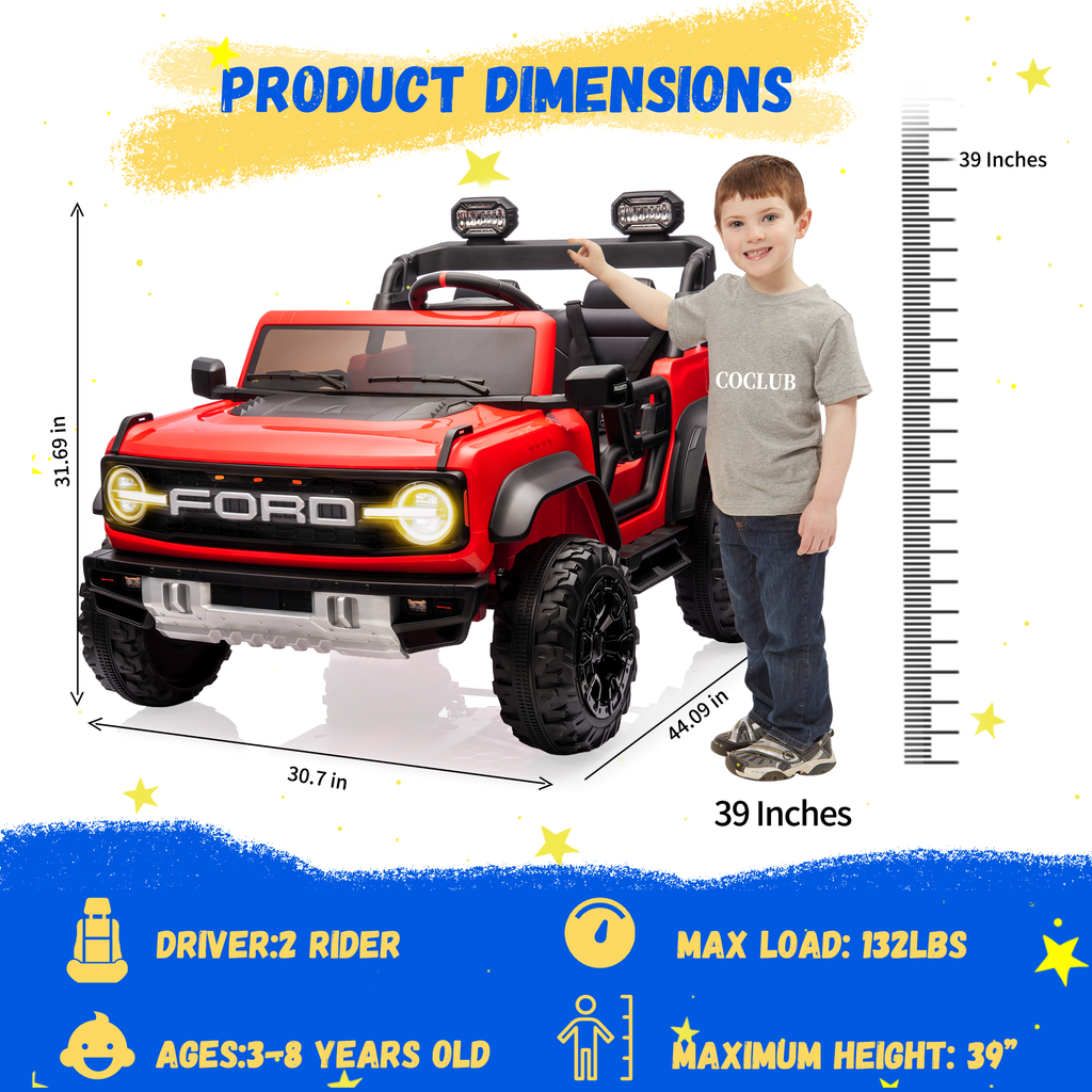 2 Seats 24V Electric Car for Big Kids, Licensed Ford Bronco Raptor Powered Ride On Car with 4 Wheels Spring Suspension, Parent Remote Control, 24V Ride On Toys for Ages 3-8 Boys Girls Gifts