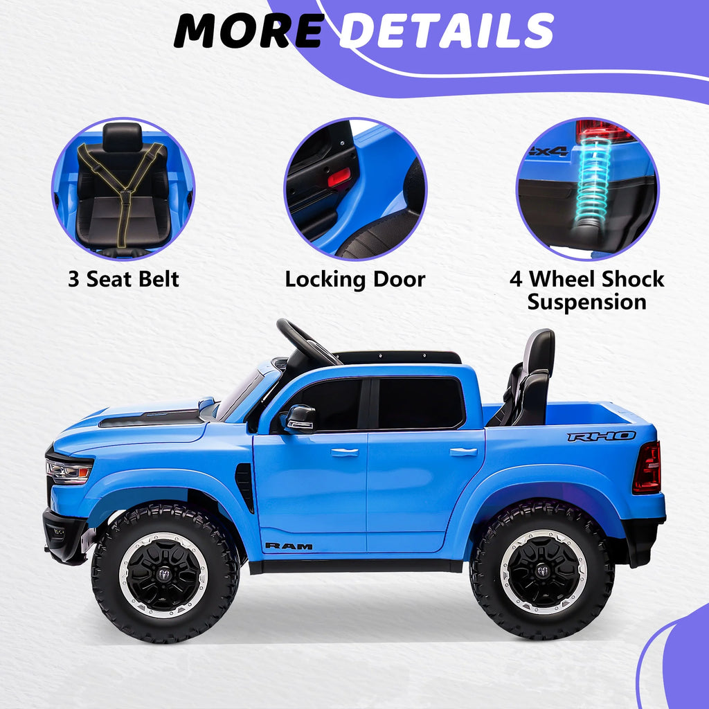 RAM 1500 Ride on Truck Cars, 12V Powered Ride on Toys with Remote Control, 4 Wheel Suspension Electric Cars for 3-5 Yrs Boy Girl W/Key Switch, Safety Belt, Music, Bluetooth, LED Lights, Blue