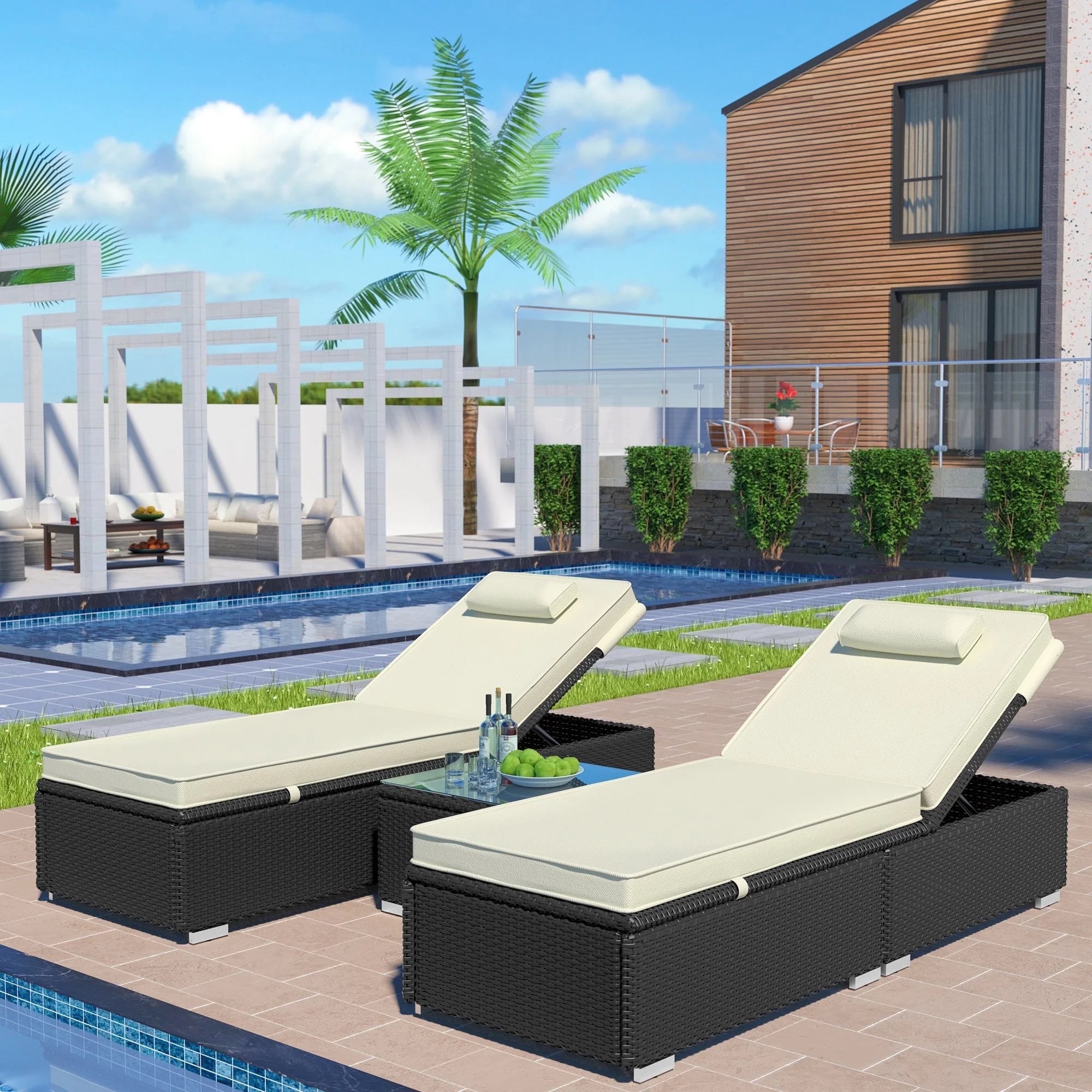 3PCS Outdoor Chaise Lounge, Patio Wicker Chaise Lounge with Glass Coffee Table, PE Rattan Lounge Chair with Adjustable Back and Feet, Cushioned Chaise Lounge Patio Furniture Set for Poolside, Beige