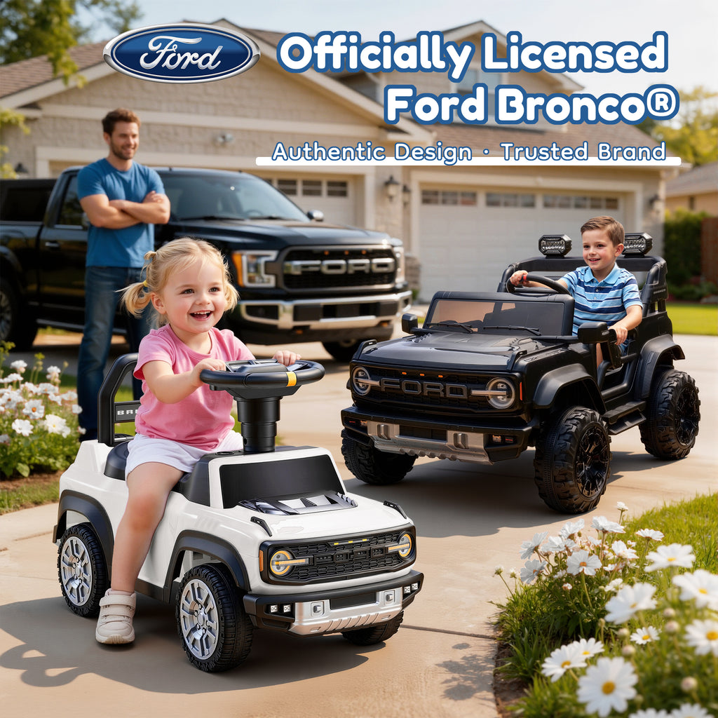 Ride On Car for Toddlers 1–3, Ford Bronco Ride On Toy with Steering Wheel, Music, Horn & Engine Sounds, Under Seat Storage, Silent Wheels, Easy Walker & Push Car for Boys & Girls, White