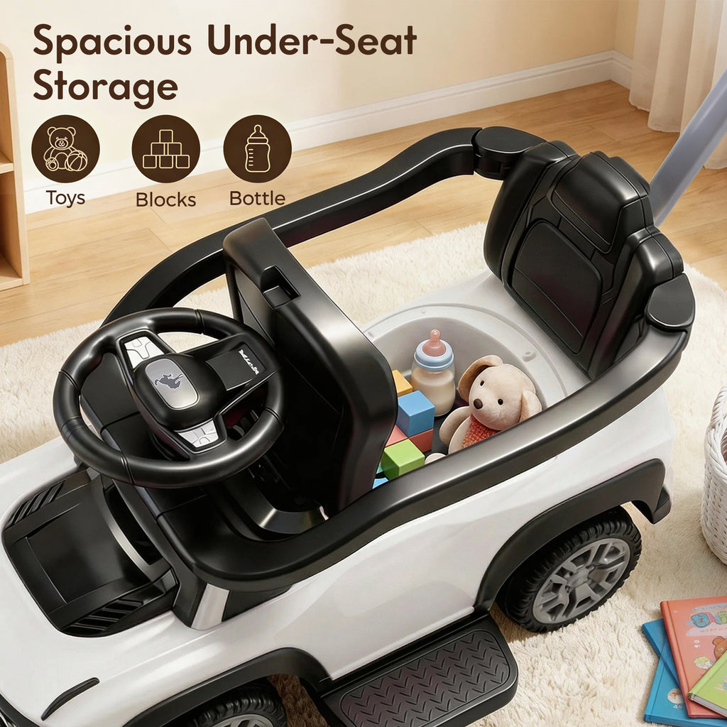 Ford Bronco 3 in 1 Push Car for Toddlers 1–3, Ride On Push Car with Parent Steering Handle, Steering Wheel, Removable Guardrail & Footrest, Music, Horn, Under Seat Storage, Silent Wheels, White