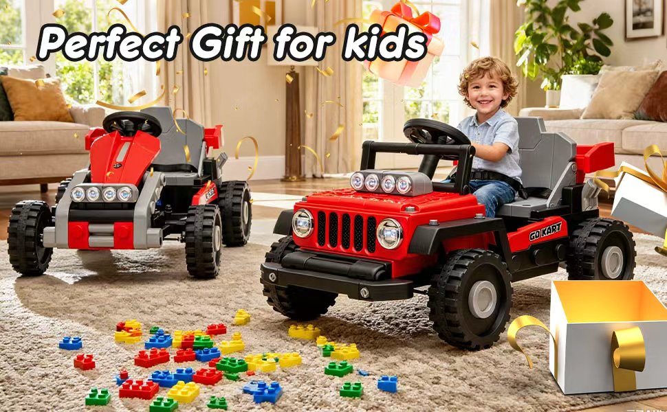 COCLUB 12V 2 Forms Block Electric Car, Power 4 Wheels Ride On Car with Remote Control, Spring Suspension, Ride On Toy for Ages 3+ Kids, Blue