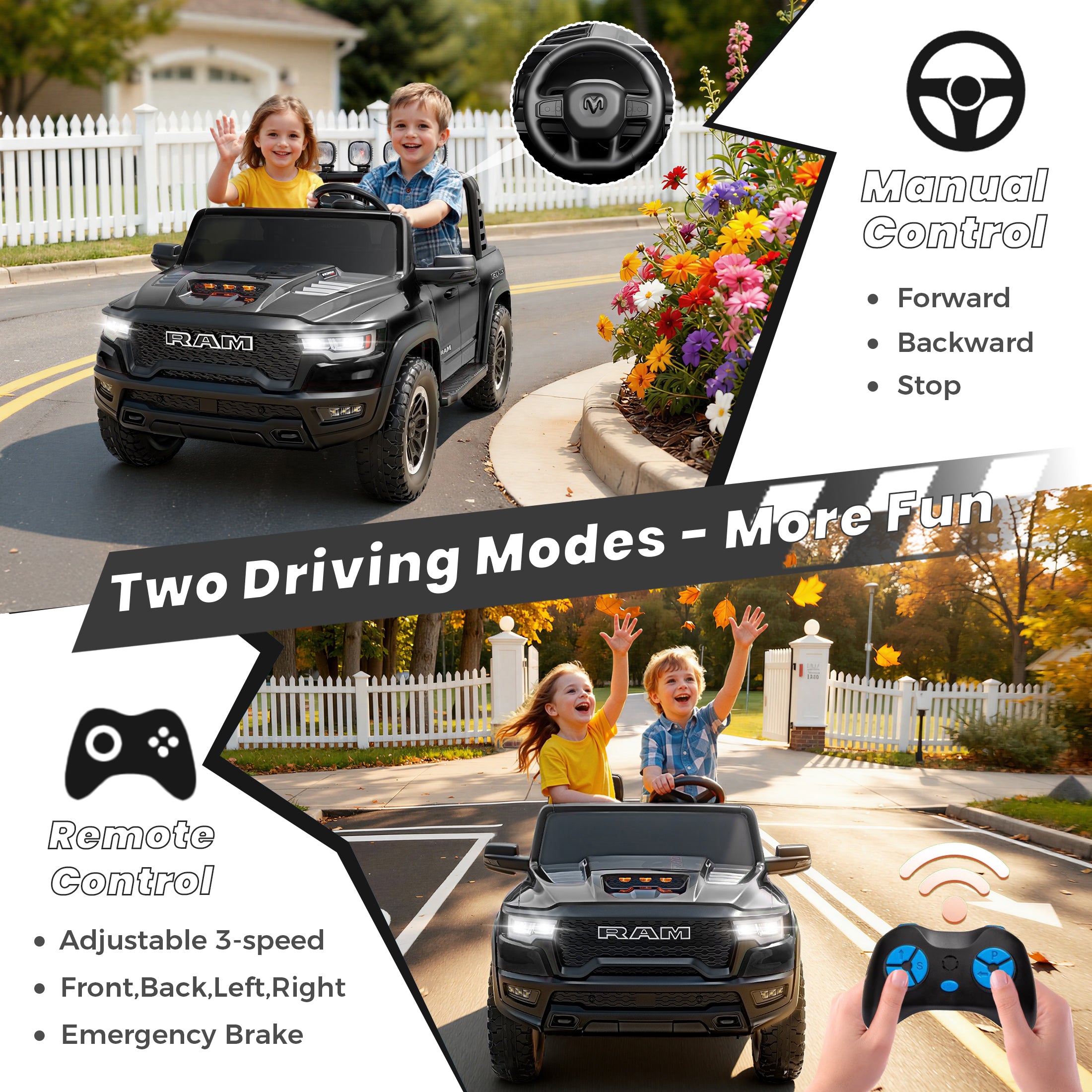 24V 2 Seats Ride On Car for Kids, Licensed RAM RHO 1500 Powered Electric Car with 4 Wheels Spring Suspesion, Ride On Toy for 3-8 Year Boys & Girls with Remote Control, Horm, Siren, LED Lights