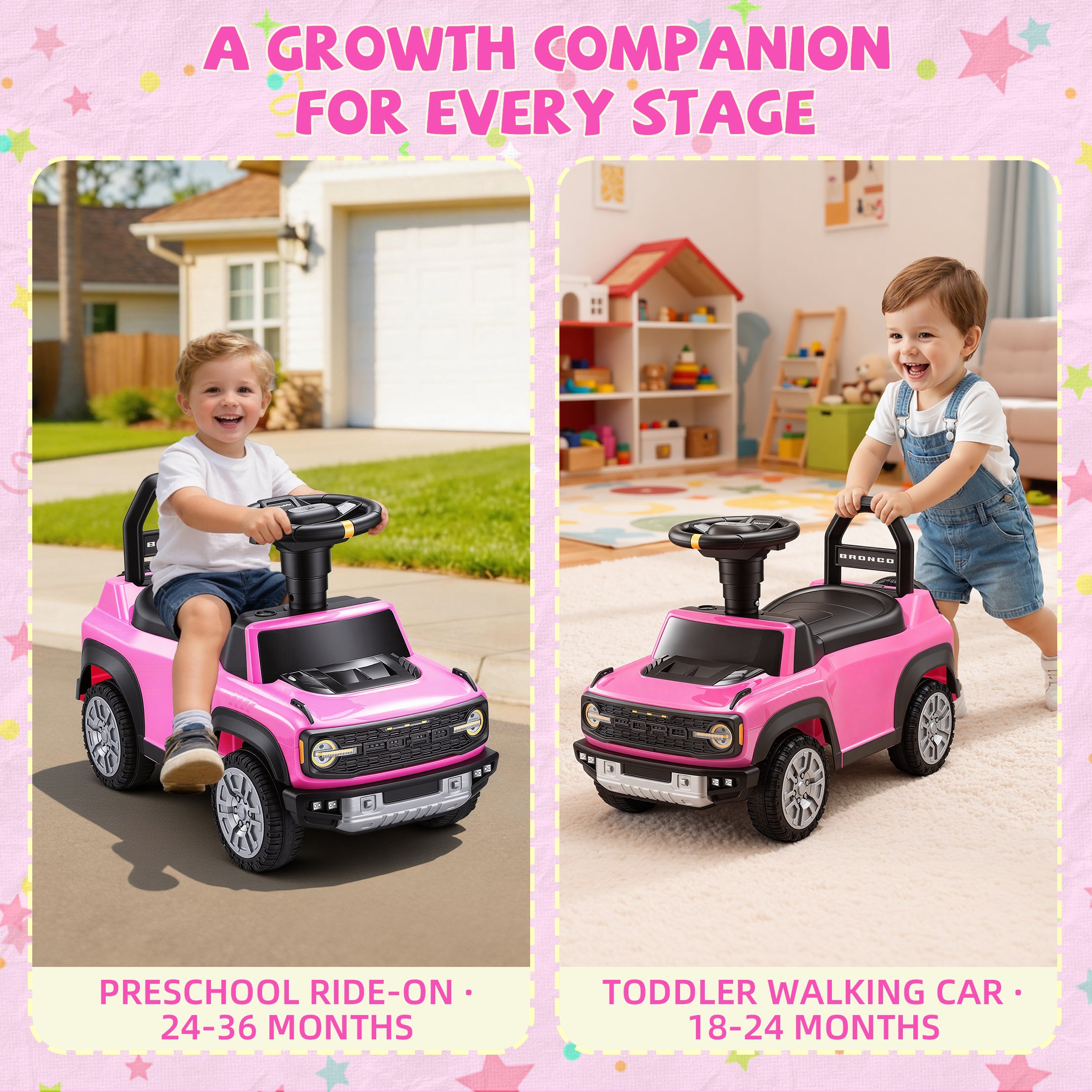 COCLUB Ride On Car for Toddlers 1–3, Ford Bronco Ride On Toy with Steering Wheel, Music, Horn & Engine Sounds, Under Seat Storage, Silent Wheels, Easy Walker & Push Car for Boys & Girls, Pink