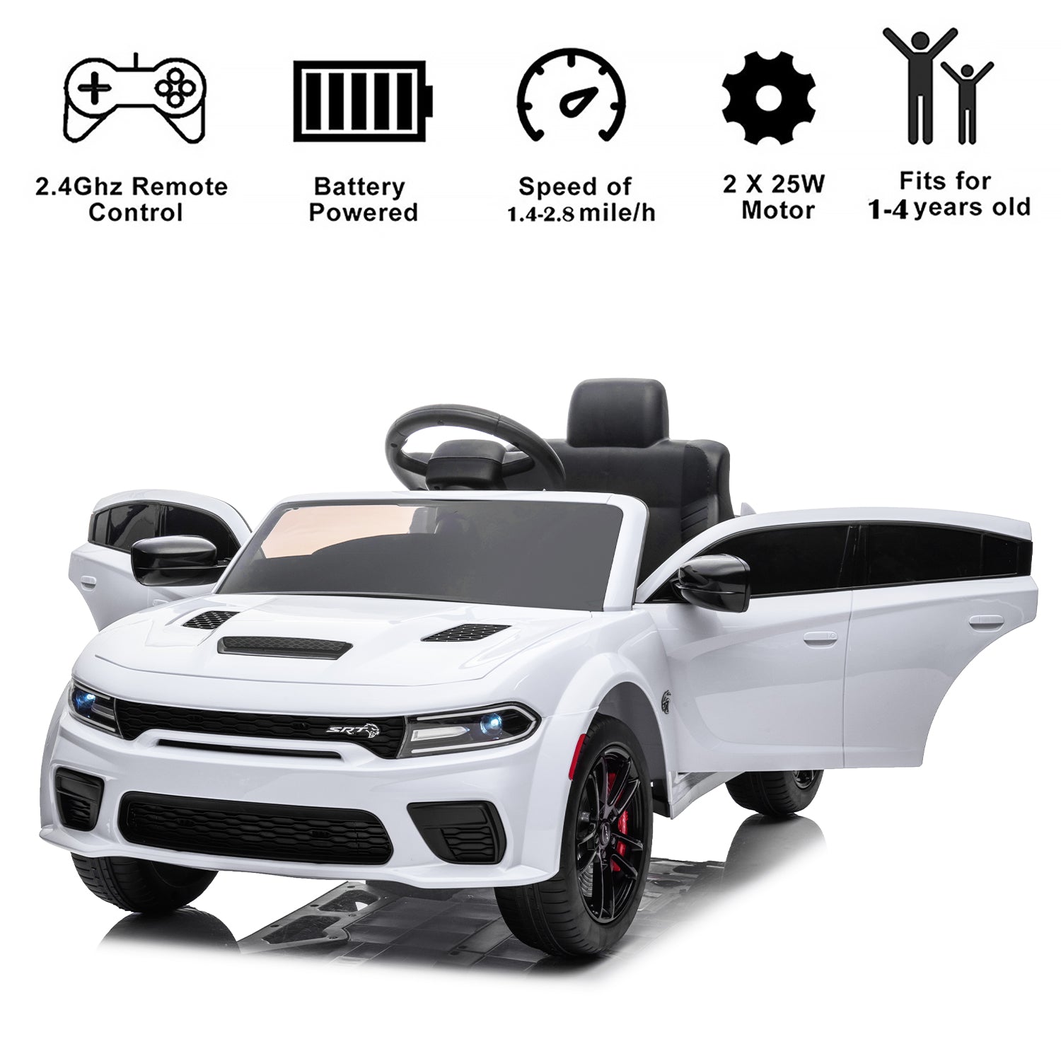12V Ride On Car, Dodge Charger Powered Electric Car with Battery Powered, Bluetooth, Remote Control, LED Light, Ride On Toy for Ages 3+ Kids