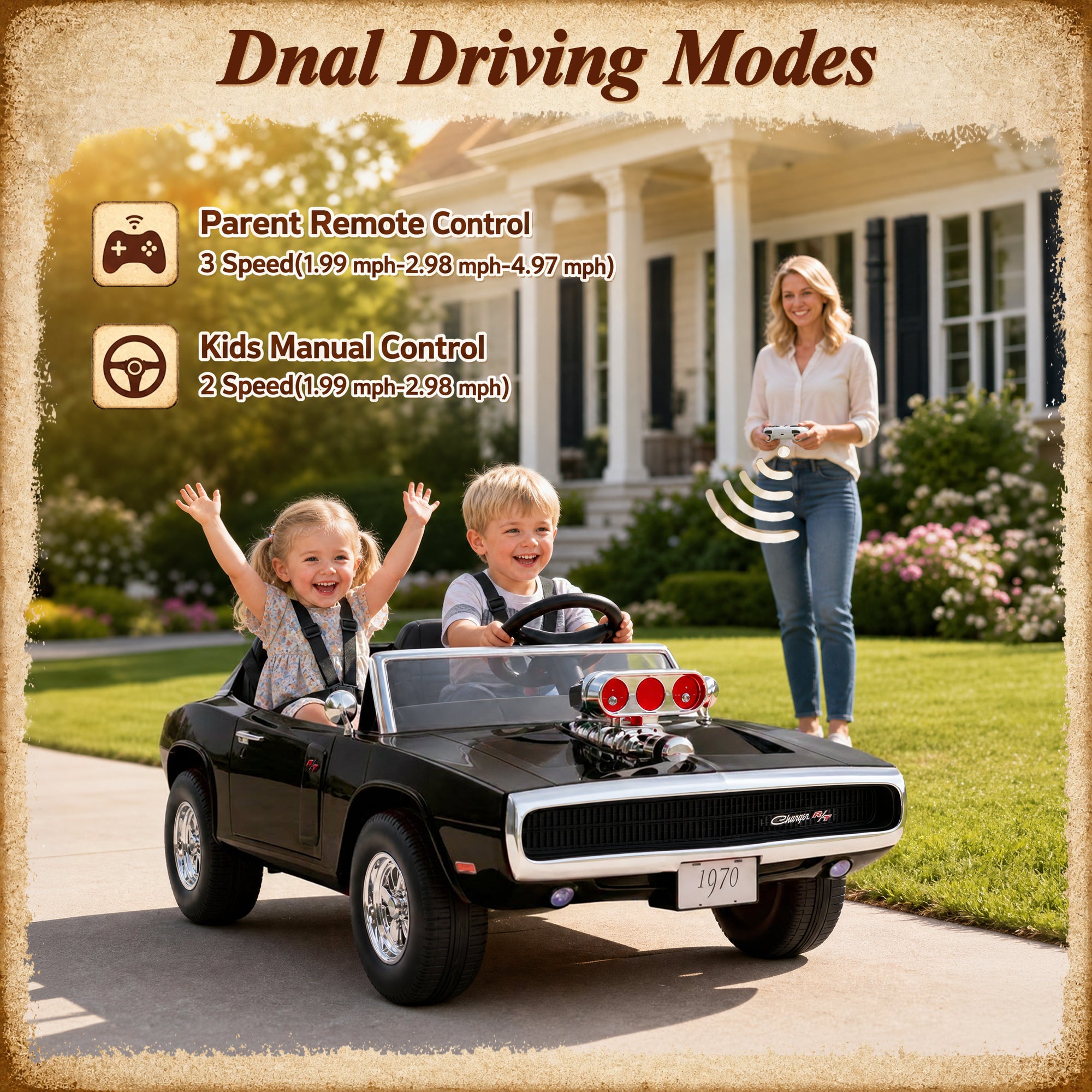 24V Ride On Car for Kids, Licensed Dodge 1970 Charger R/T Electric Car w/Parent Remote Control, Engine Spray, LED Lights, Bluetooth, MP3, 4-Wheel Spring Suspension, Ride On Toys for Ages 3+