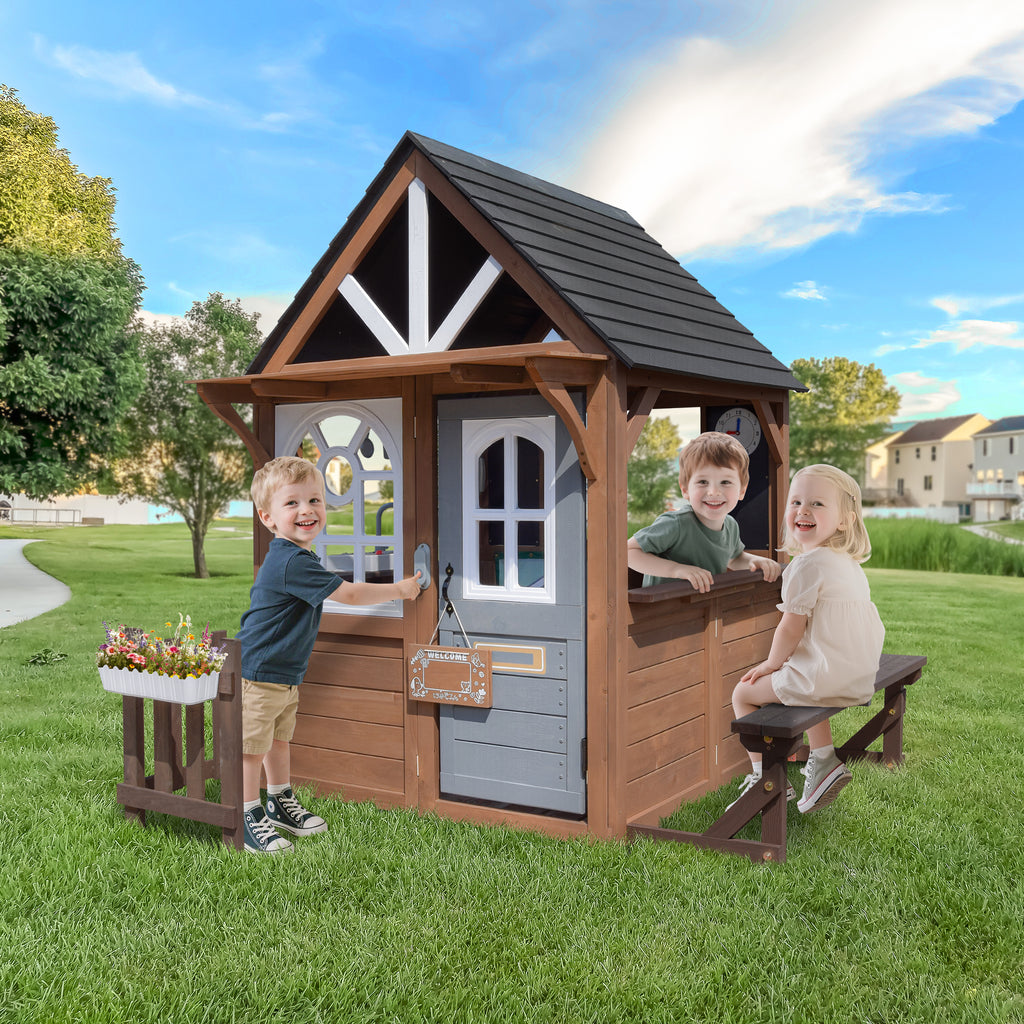 COCLUB Outdoor Playhouse, Wooden Playhouse for Kids Toddlers Outdoor with Bench/Fence/Kitchen/Door Nameplate/Pretend Phone, Girls Boys Outdoor Toy Gift for Ages 3+, 62.99"(W)* 67.32"(L) * 65.35"(H)