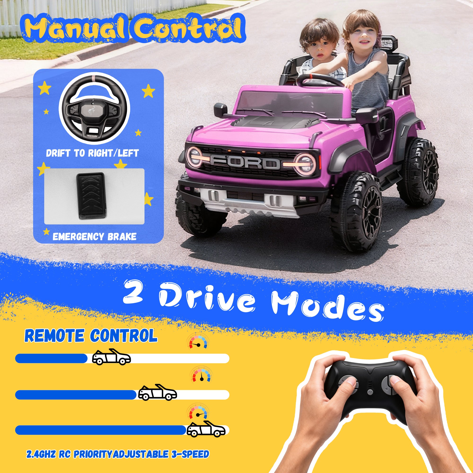 2 Seats 24V Electric Car for Big Kids, Licensed Ford Bronco Raptor Powered Ride On Car with 4 Wheels Spring Suspension, Parent Remote Control, 24V Ride On Toys for Ages 3-8 Boys Girls Gifts