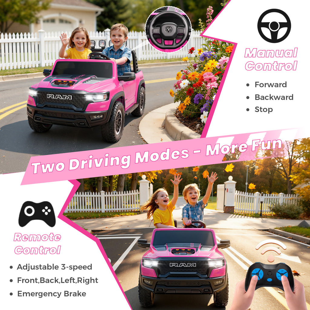24V 2 Seats Ride On Car for Kids, Licensed RAM RHO 1500 Powered Electric Car with 4 Wheels Spring Suspesion, Ride On Toy for 3-8 Year Boys & Girls with Remote Control, Horm, Siren, LED Lights