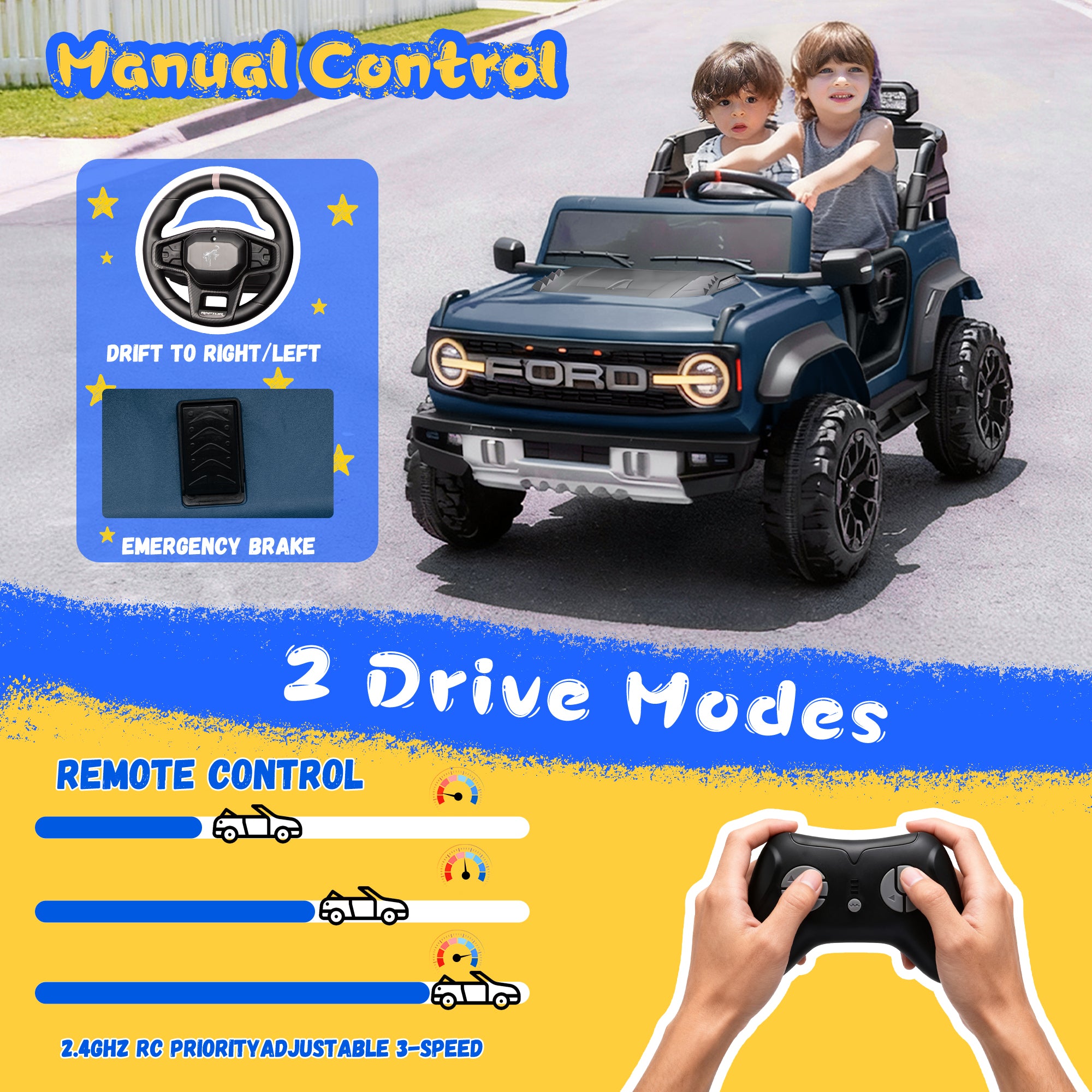 2 Seats 24V Electric Car for Big Kids, Licensed Ford Bronco Raptor Powered Ride On Car with 4 Wheels Spring Suspension, Parent Remote Control, 24V Ride On Toys for Ages 3-8 Boys Girls Gifts