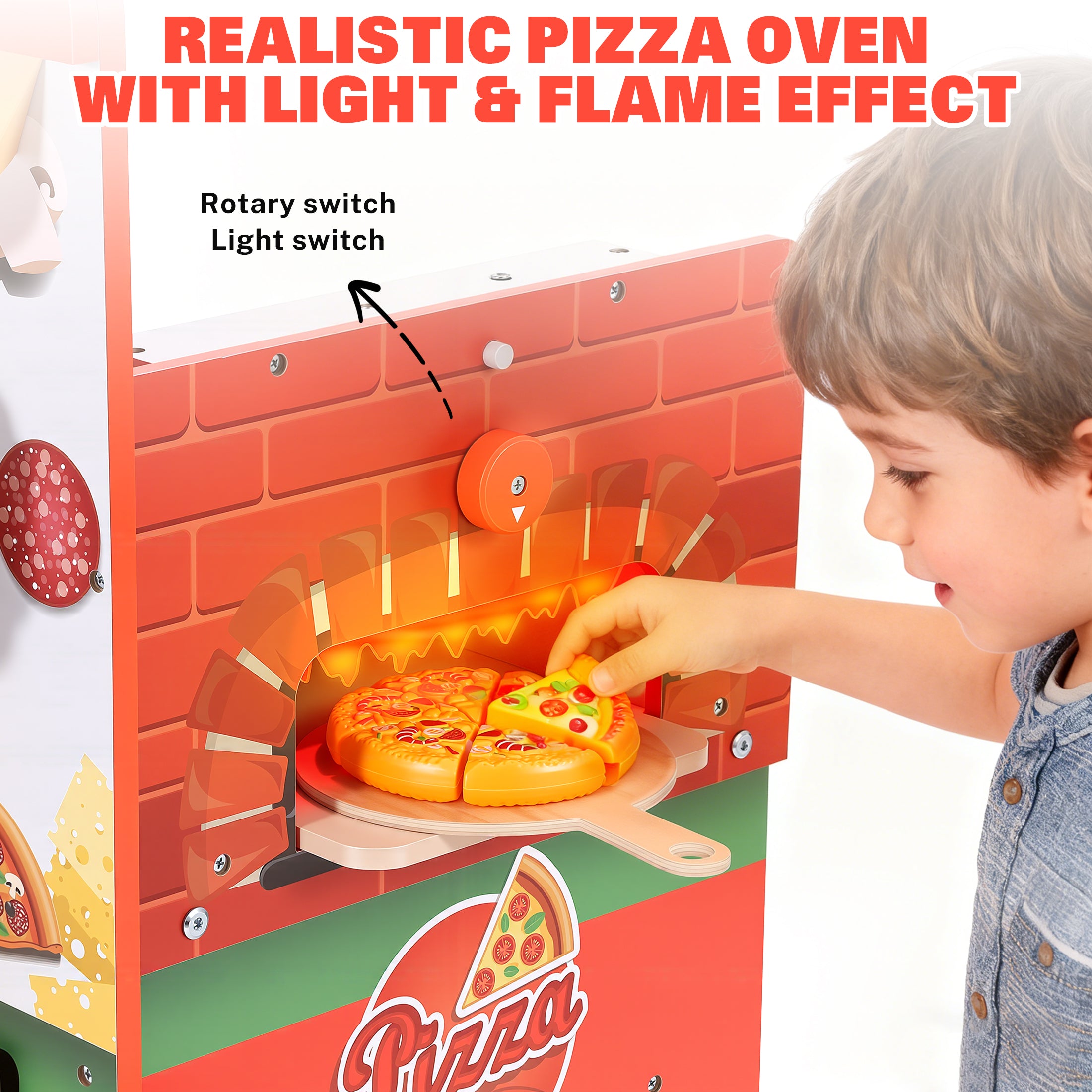 Wooden Pizza Food Truck Toy for Kids, 3 in 1 Pretend Play Kitchen with Ice Cream Cart & Grill, Kids Pizza Cart with Play Food & Menu Board, Montessori Role Wooden Pizza Shop Playset for Ages 3+, Red