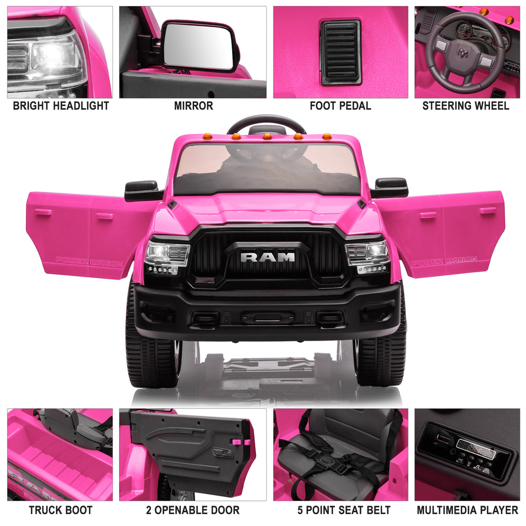 Dodge RAM Ride on Car, 12V Powered Ride on Toy with Remote Control, Rear Wheel Suspension, 5 Point Safety Belt, MP3 Player, Bluetooth, LED Lights, Electric Vehicles for 3-8 Years Boys Girls, Black