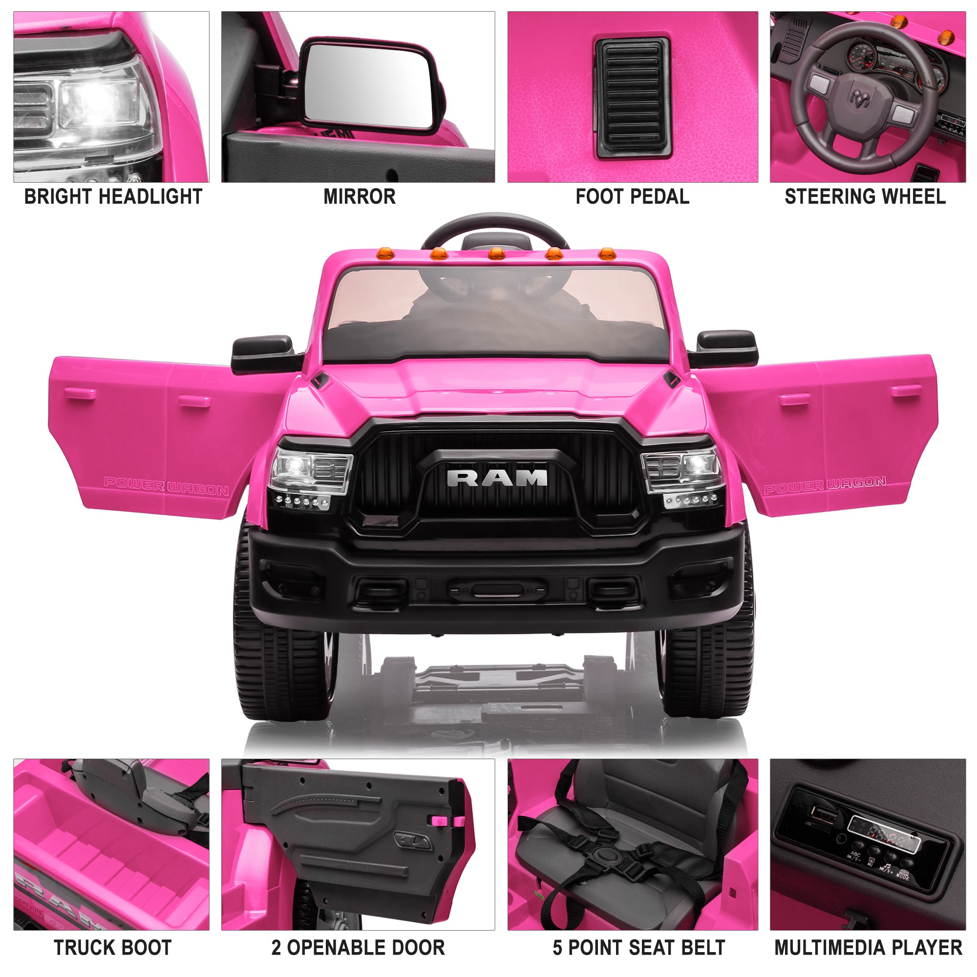 Dodge RAM Ride on Car, 12V Powered Ride on Toy with Remote Control, Rear Wheel Suspension, 5 Point Safety Belt, MP3 Player, Bluetooth, LED Lights, Electric Vehicles for 3-8 Years Boys Girls, Black