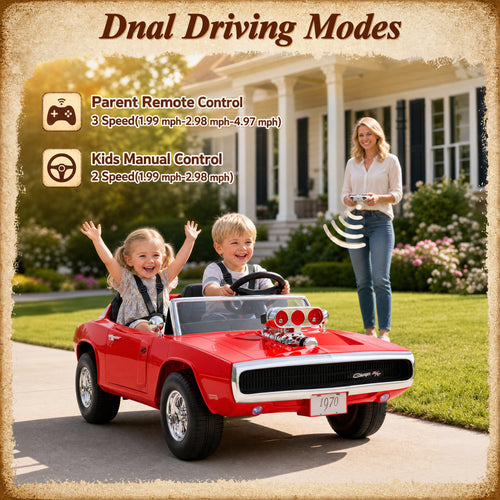24V Dodge Charger 1970 2 Seater Ride On Car, Battery Powered Ride On Toys w/4-Wheel Suspension, Parent Remote Control, Engine Spray, LED Lights, Bluetooth, MP3, 24V Ride On for Ages 3+