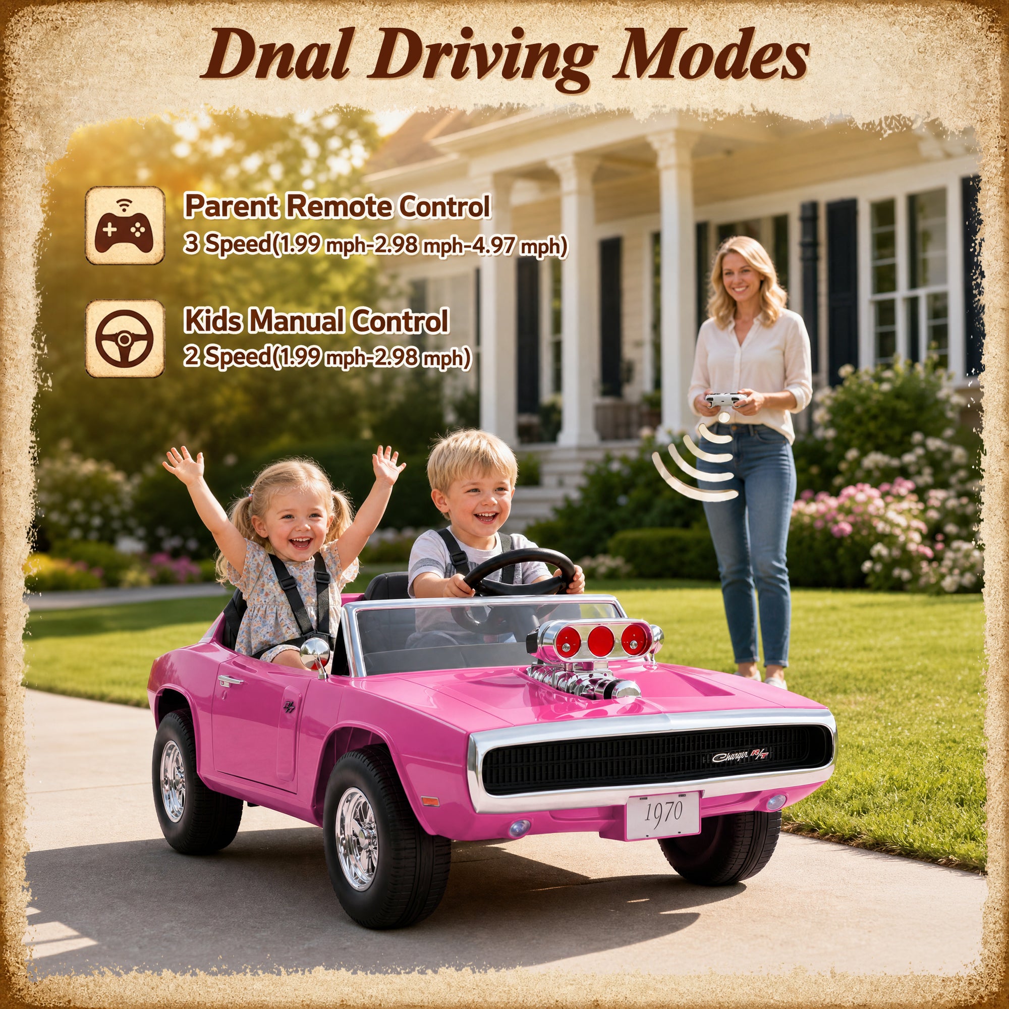 24V Ride On Car for Kids, Licensed Dodge 1970 Charger R/T Electric Car w/Parent Remote Control, Engine Spray, LED Lights, Bluetooth, MP3, 4-Wheel Spring Suspension, Ride On Toys for Ages 3+