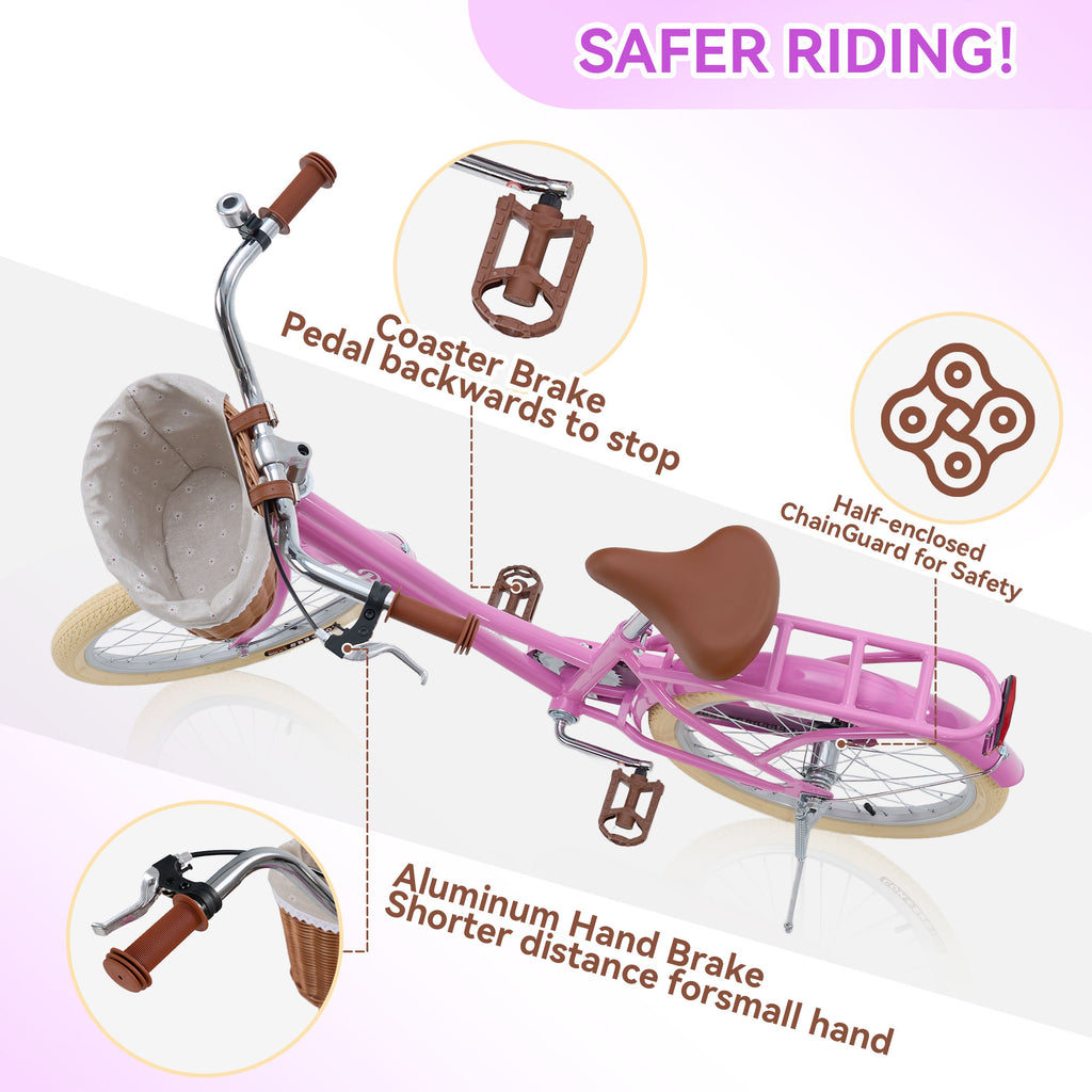 Kids Bike for Girls Ages 7-10 Years - 20" Children's Bicycle, leather Seat & Handlebars, Basket, Front Hand Brakes, Rear Coaster Brake & Safety Bell, Purple