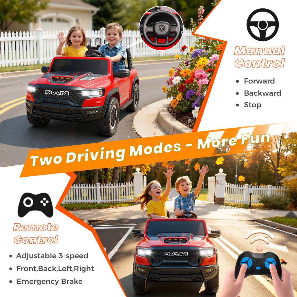24V 2 Seats Ride On Car for Kids, Licensed RAM RHO 1500 Powered Electric Car with 4 Wheels Spring Suspesion, Ride On Toy for 3-8 Year Boys & Girls with Remote Control, Horm, Siren, LED Lights