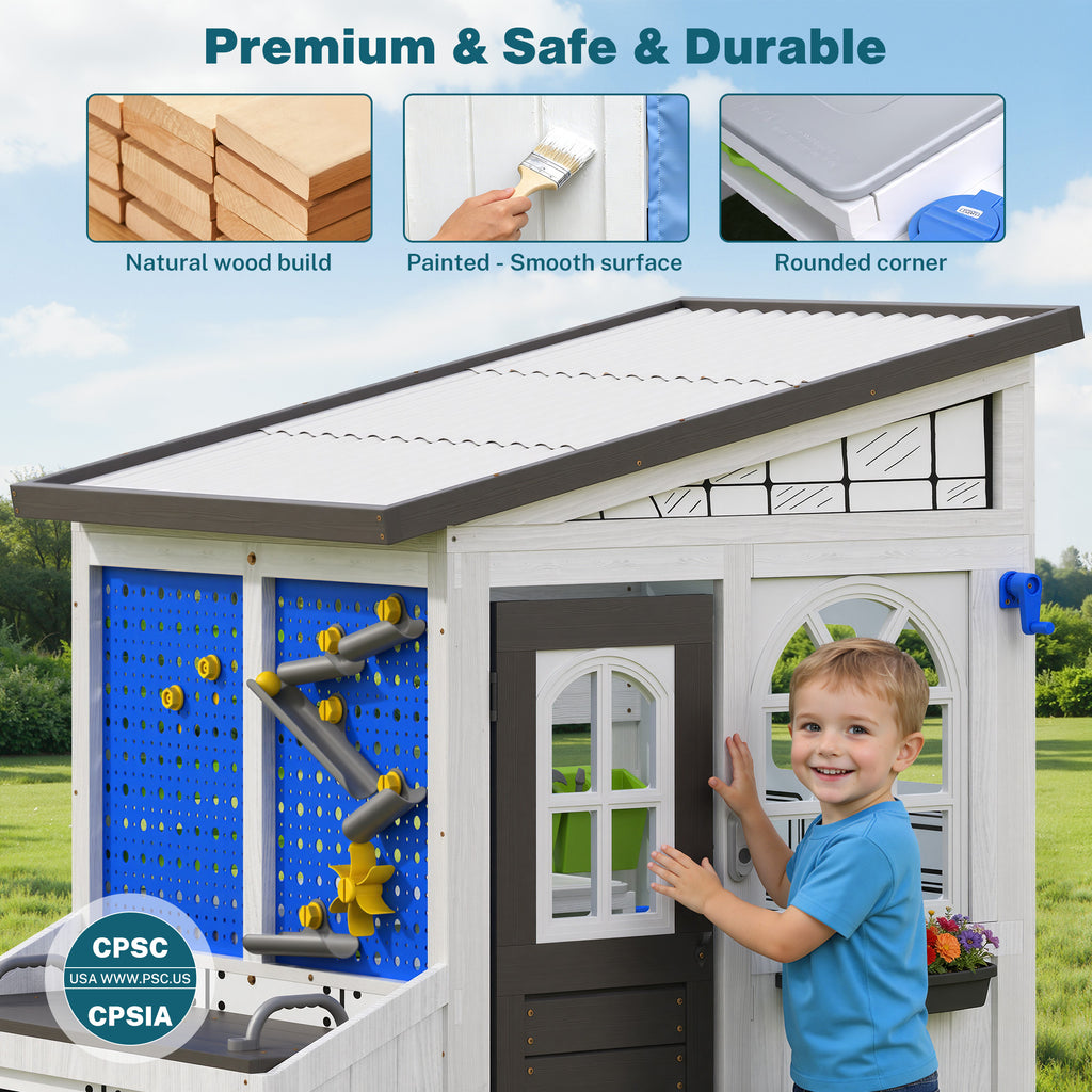 COCLUB Storage Shed Outdoor Wooden Playhouse with Workbench/ Pegboard& Ball Track, Kids Todder Ages 3+