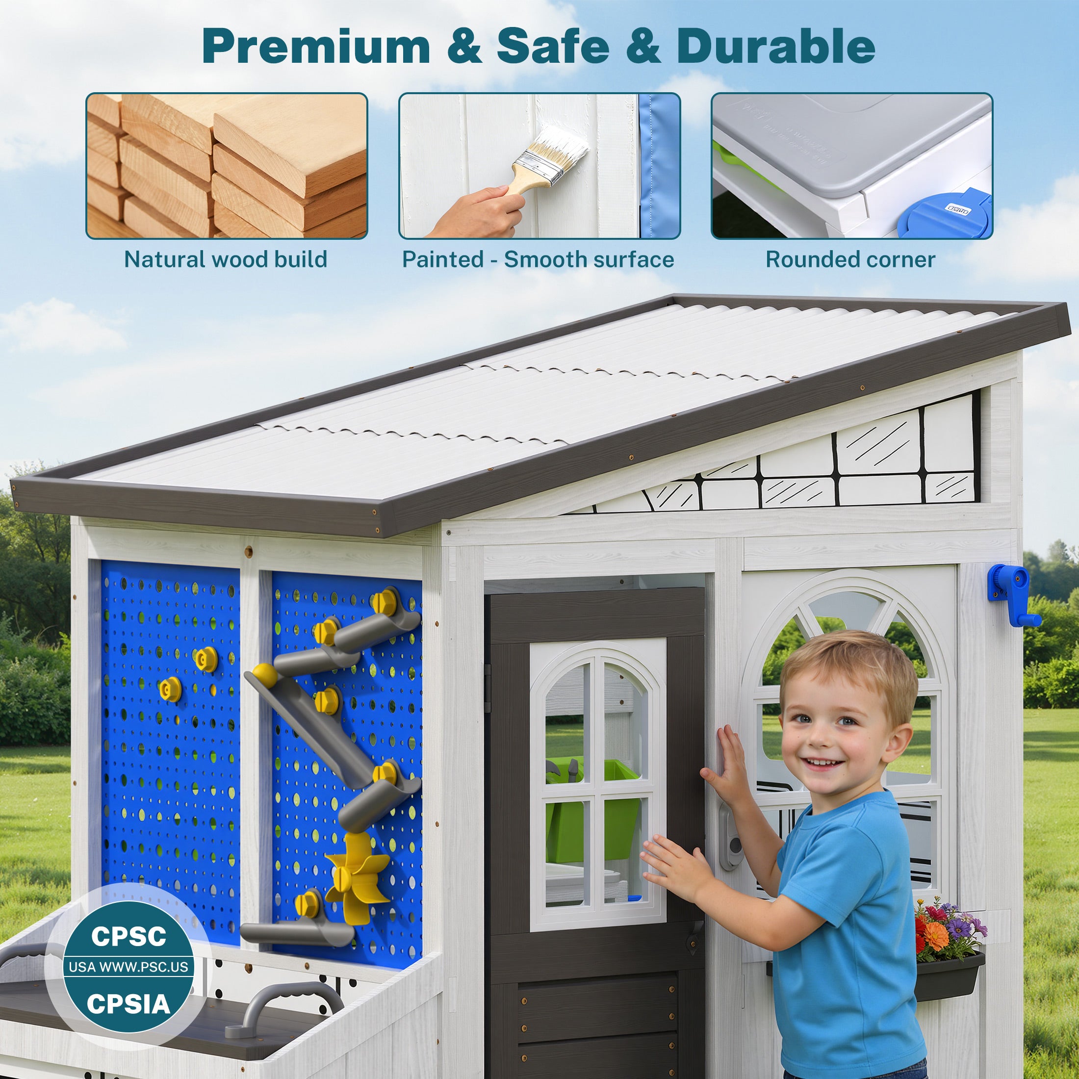 COCLUB Storage Shed Outdoor Wooden Playhouse with Workbench/ Pegboard& Ball Track, Kids Todder Ages 3+