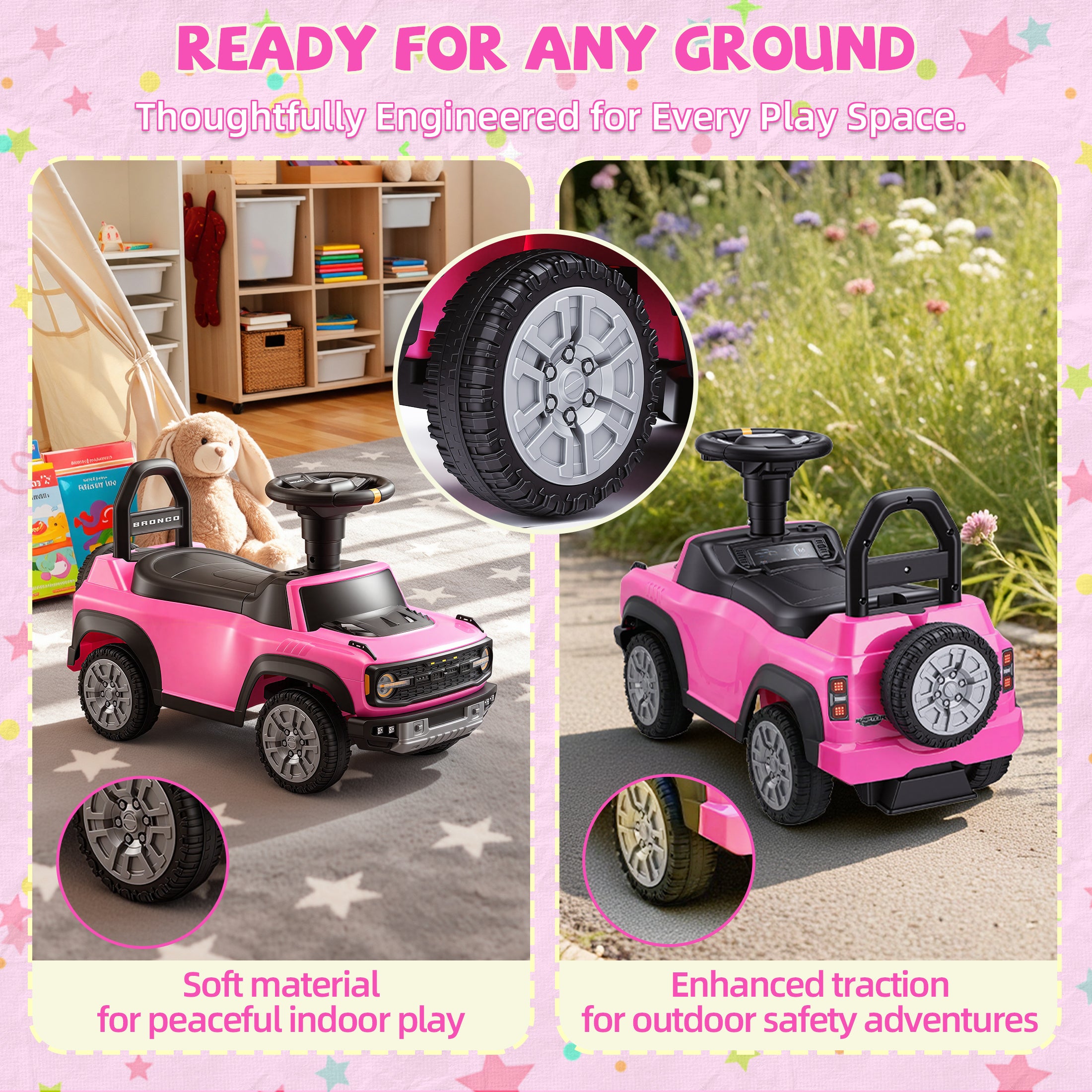 COCLUB Ride On Car for Toddlers 1–3, Ford Bronco Ride On Toy with Steering Wheel, Music, Horn & Engine Sounds, Under Seat Storage, Silent Wheels, Easy Walker & Push Car for Boys & Girls, Pink