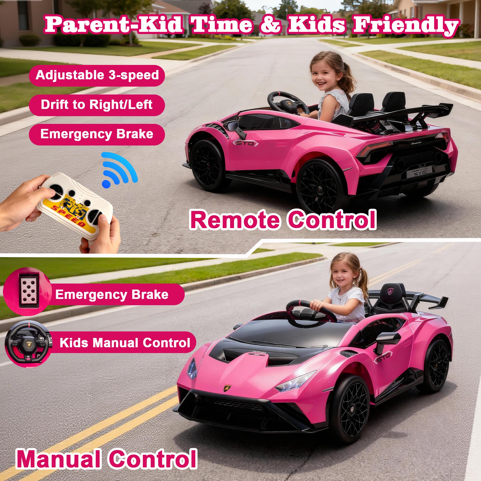 Lamborghini 24V Kids Electric Car, Licensed Huracan Sto Battery Powered Ride On Car with 4 Wheels Spring Suspension for Age 3-8, Remote Control Ride On Toys Speeds 1.86-5.59 MPH, LED Lights