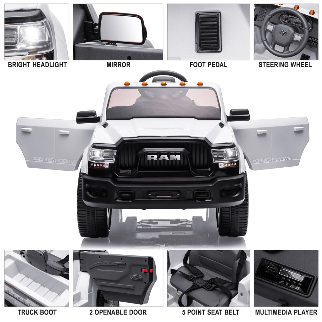 Dodge RAM Ride on Car, 12V Powered Ride on Toy with Remote Control, Rear Wheel Suspension, 5 Point Safety Belt, MP3 Player, Bluetooth, LED Lights, Electric Vehicles for 3-8 Years Boys Girls, Black