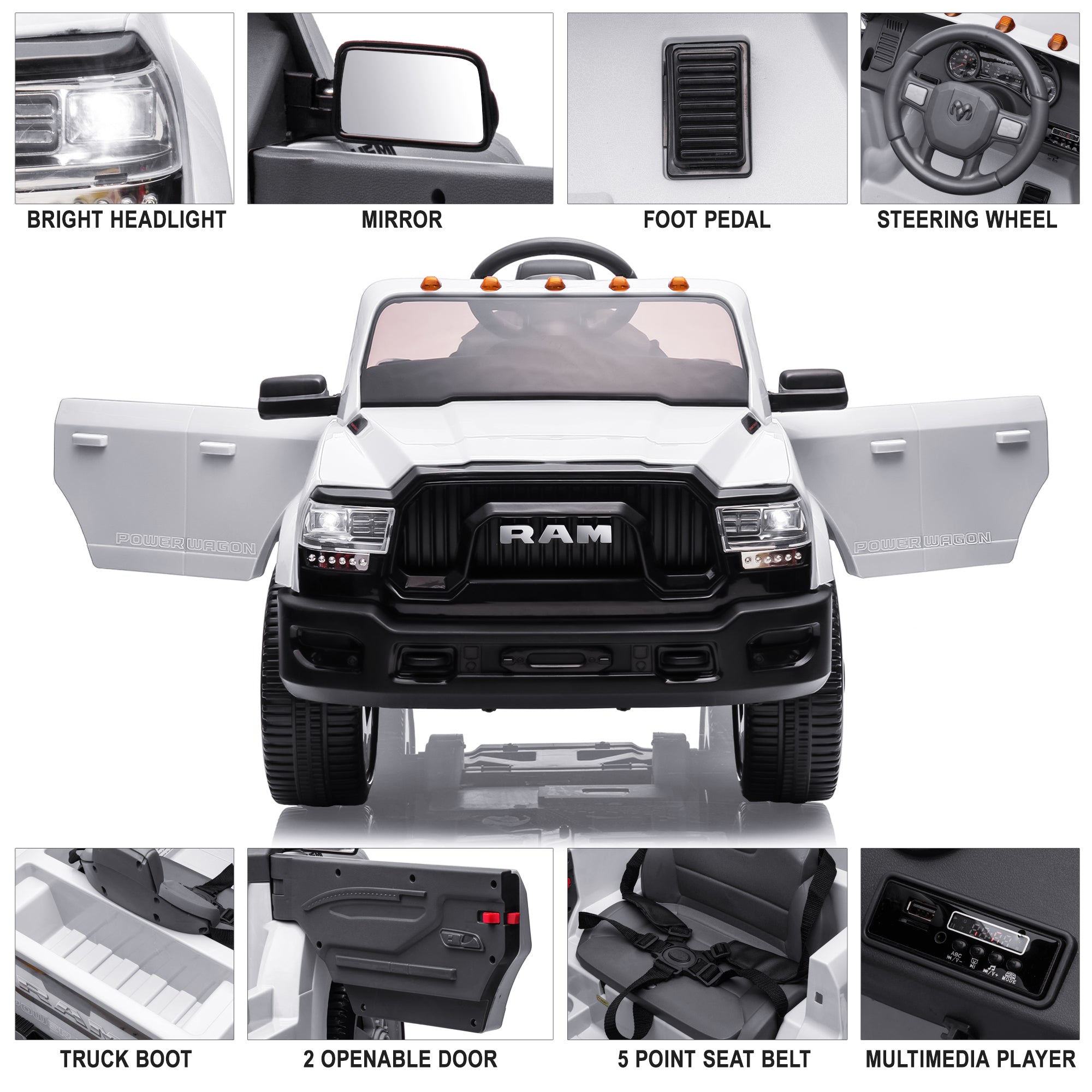 Dodge RAM Ride on Car, 12V Powered Ride on Toy with Remote Control, Rear Wheel Suspension, 5 Point Safety Belt, MP3 Player, Bluetooth, LED Lights, Electric Vehicles for 3-8 Years Boys Girls, Black